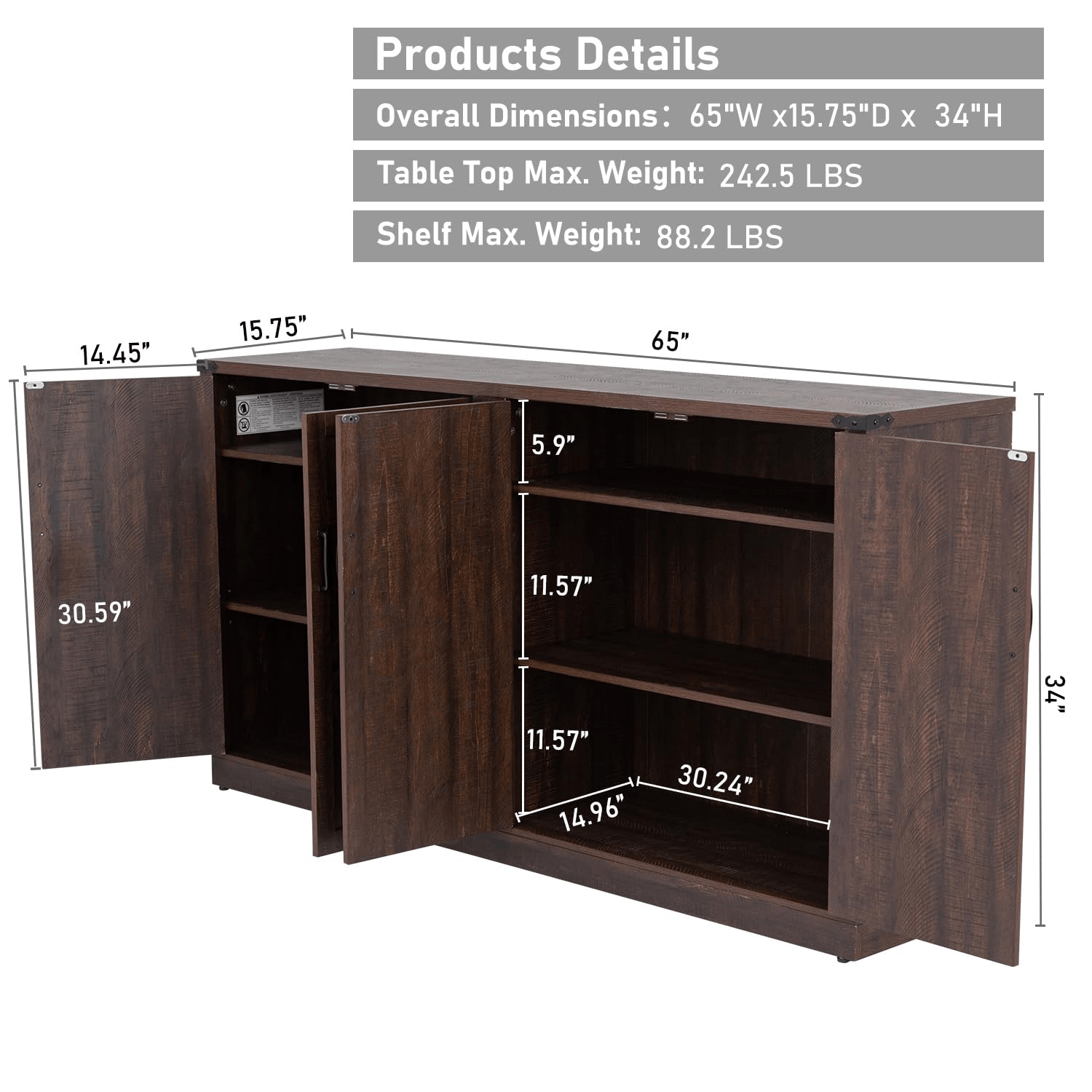 65 Inch Sideboard Buffet Cabinet with Storage