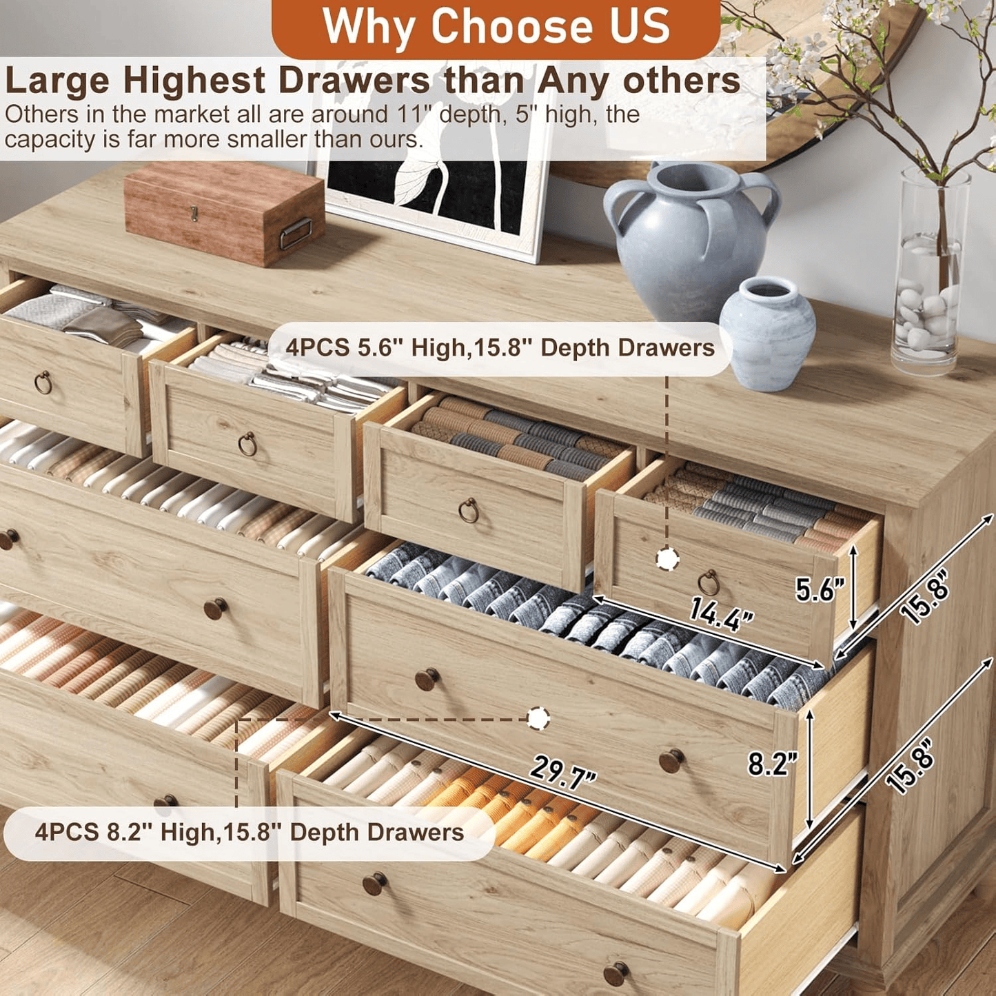 65inch Wood Dresser with 8 Drawer Dresser