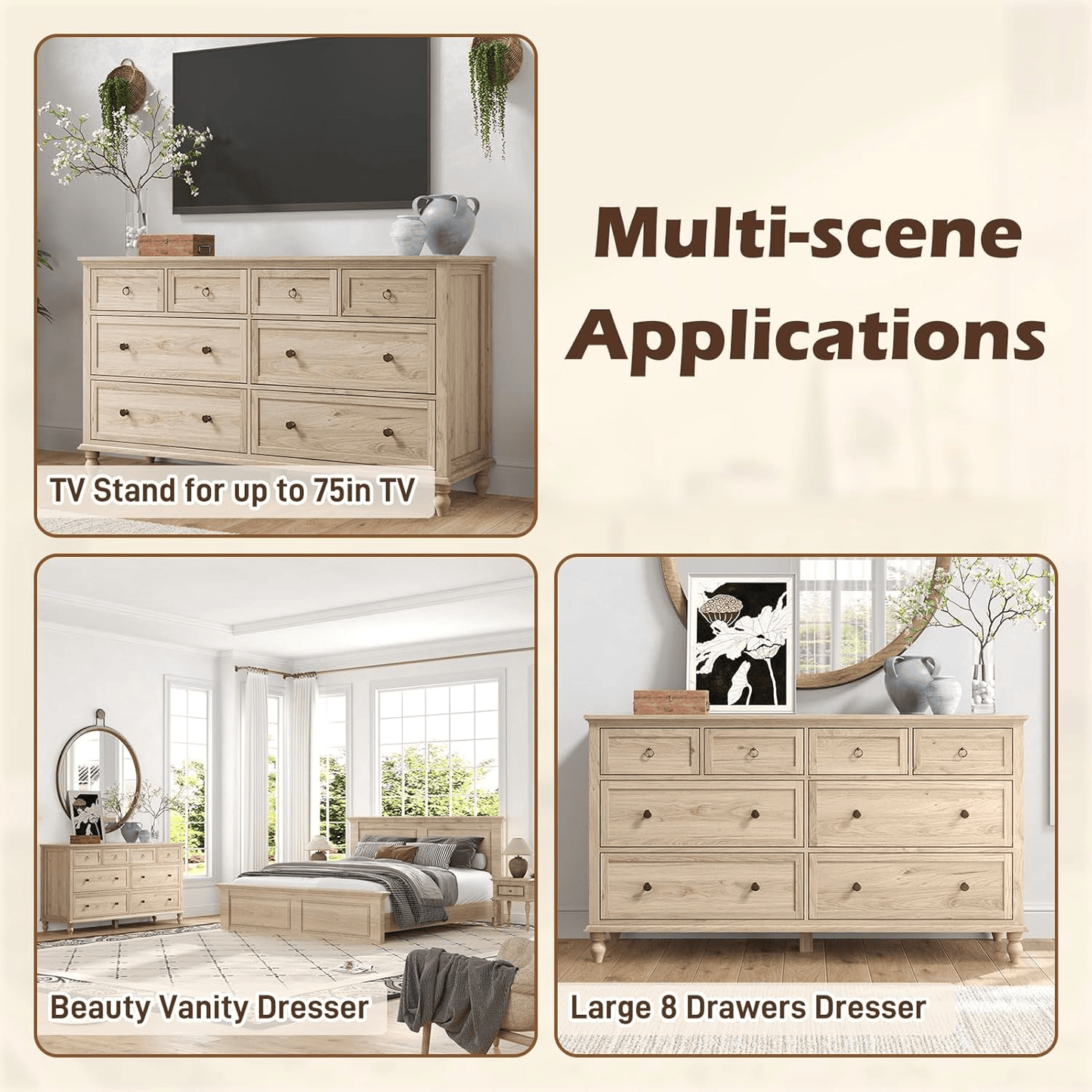 65inch Wood Dresser with 8 Drawer Dresser
