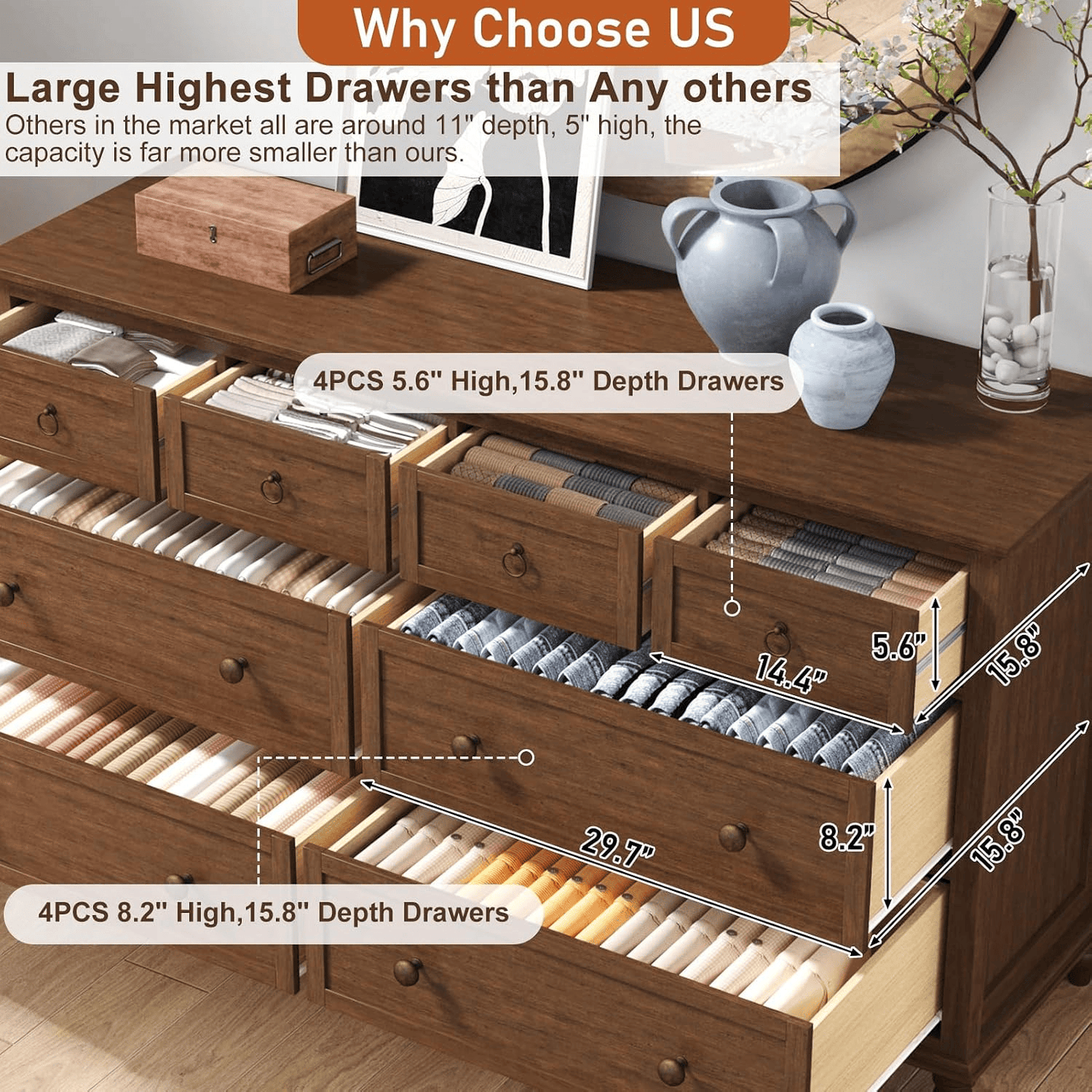65inch Wood Dresser with 8 Drawer Dresser