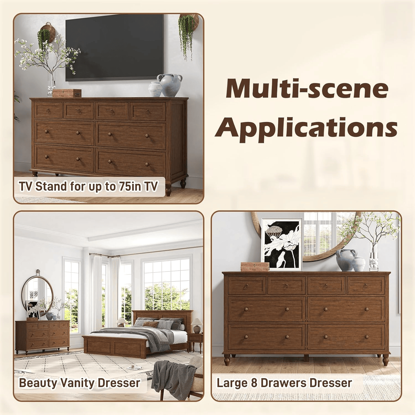 65inch Wood Dresser with 8 Drawer Dresser
