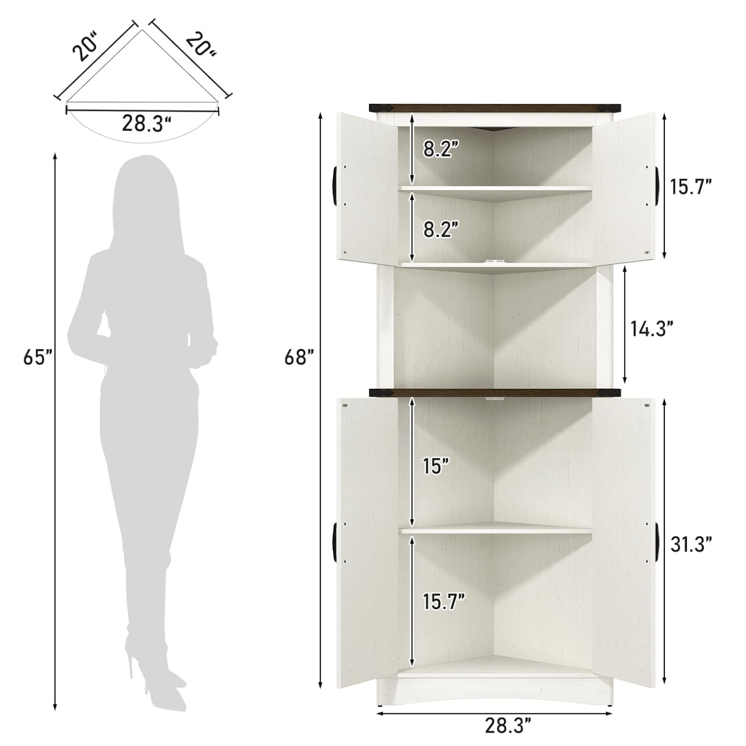 SIZE-Corner cabinet with dimensions labeled on a white background