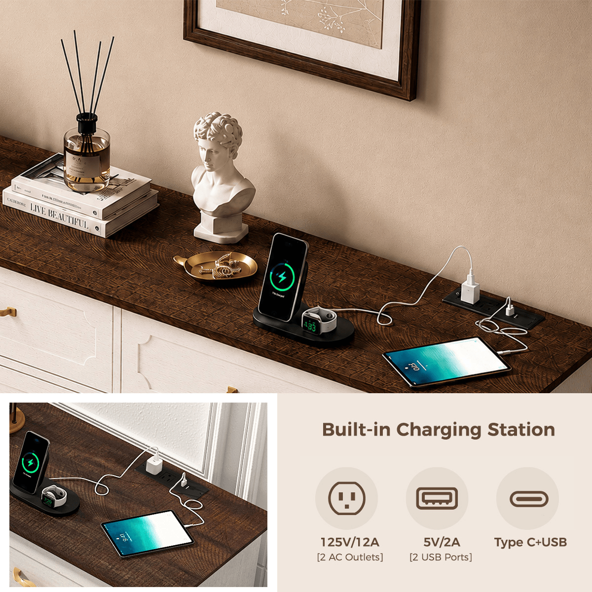 70inch Dresser with 10 Drawer Dresser & Charging Station