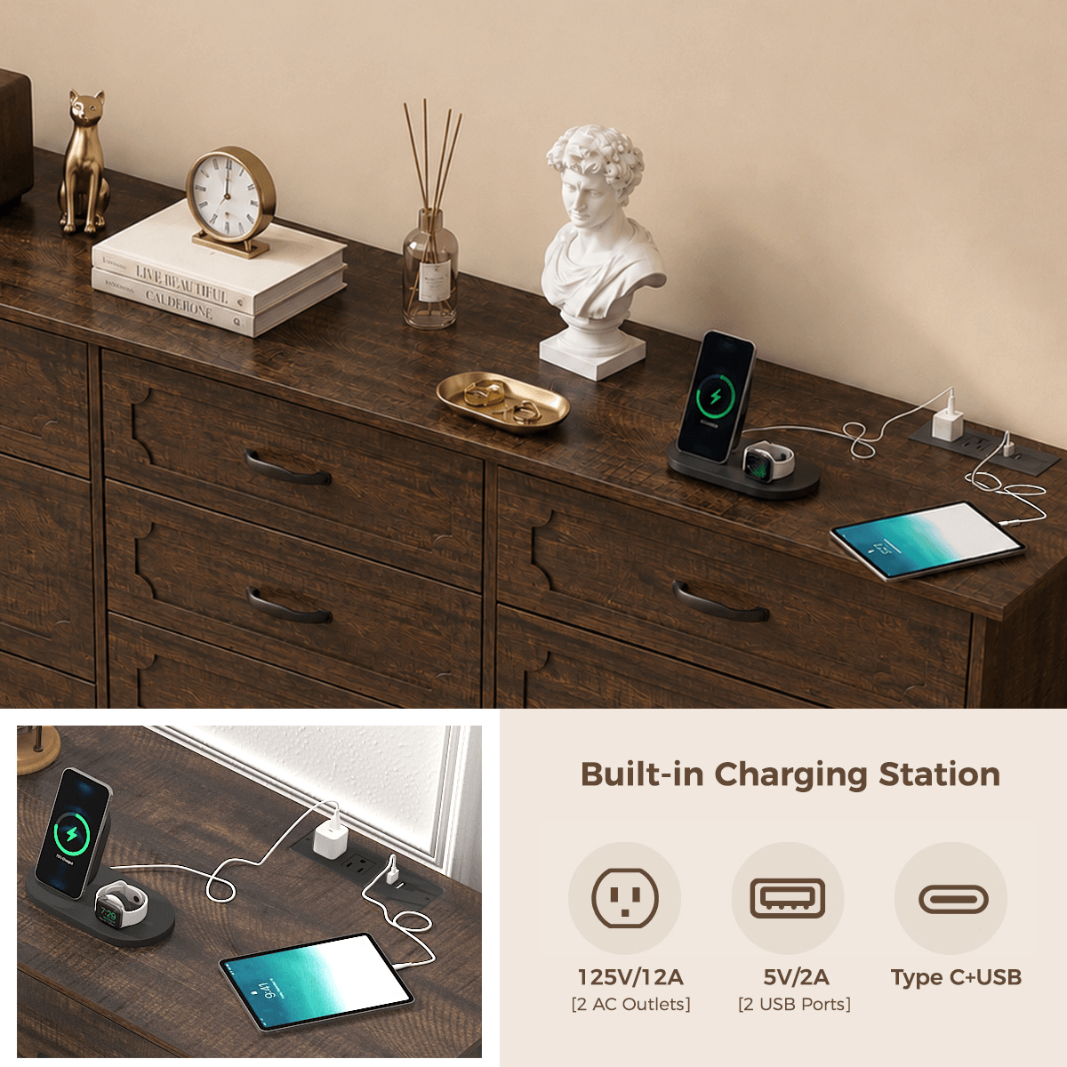 70inch Dresser with 10 Drawer Dresser & Charging Station