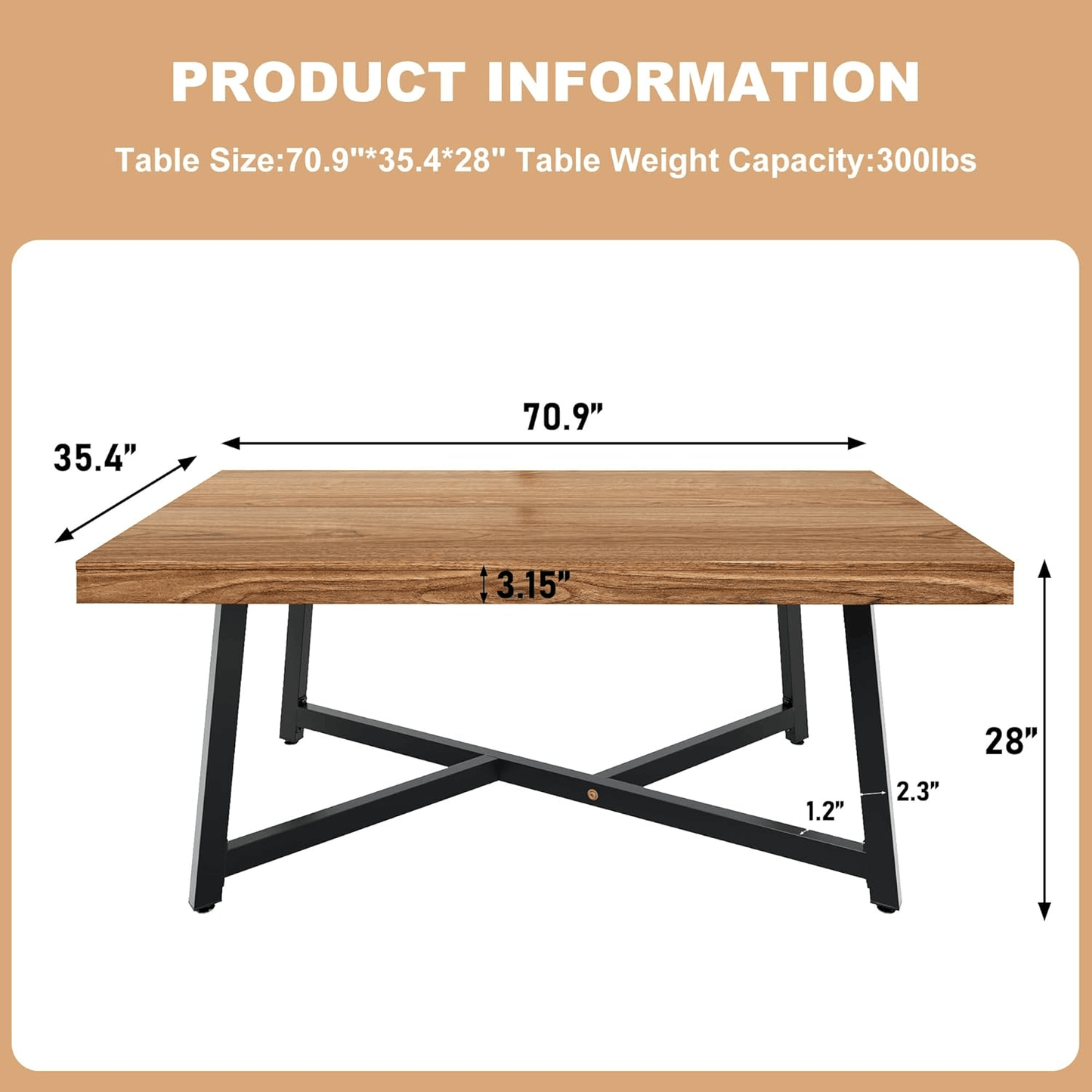 size-Wooden table with dimensions and weight capacity displayed on a beige background