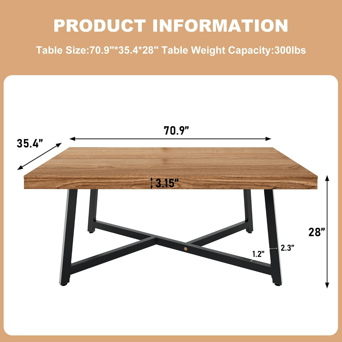 size-Wooden table with dimensions and weight capacity displayed on a beige background
