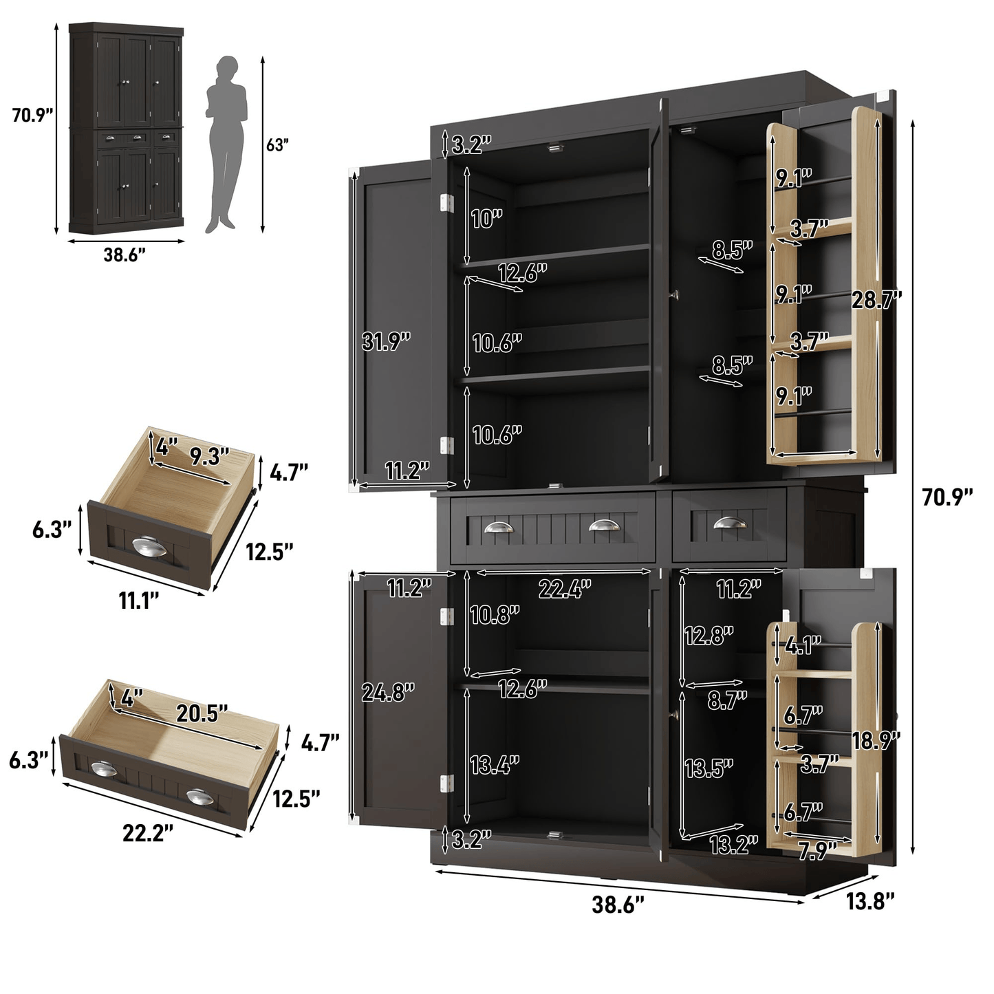 71" Tall Kitchen Pantry Storage Cabinet
