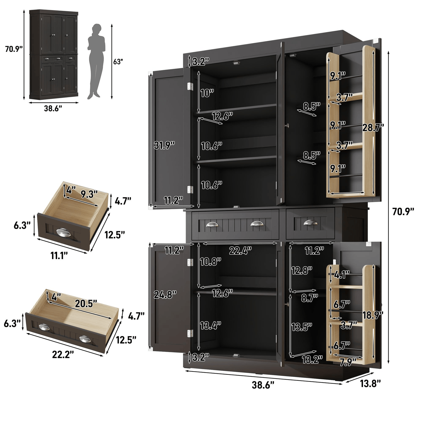 71" Tall Kitchen Pantry Storage Cabinet