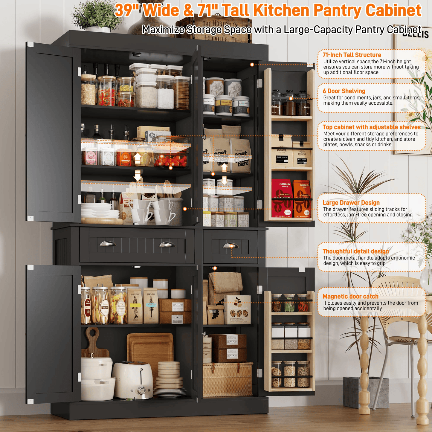 71" Tall Kitchen Pantry Storage Cabinet