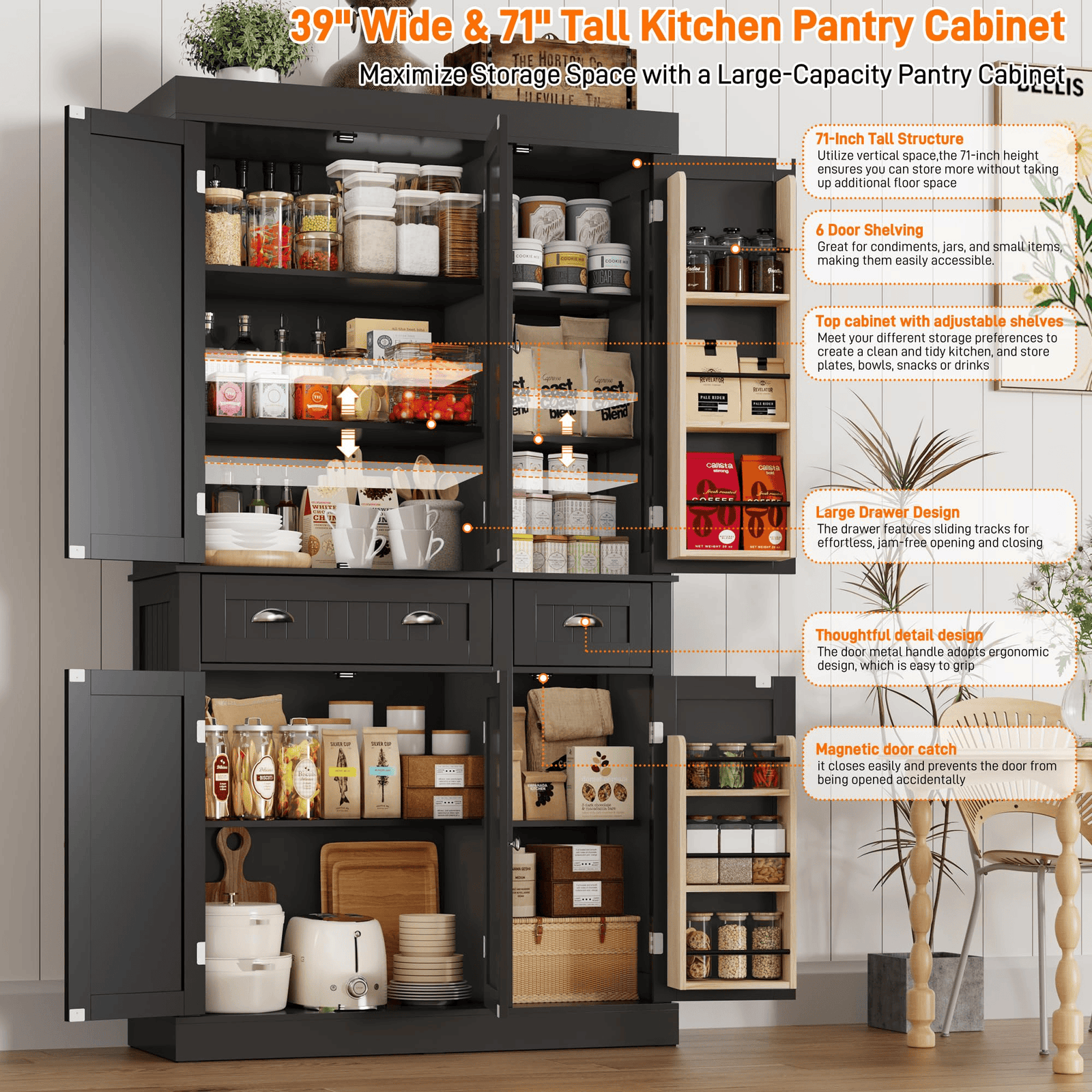 71" Tall Kitchen Pantry Storage Cabinet