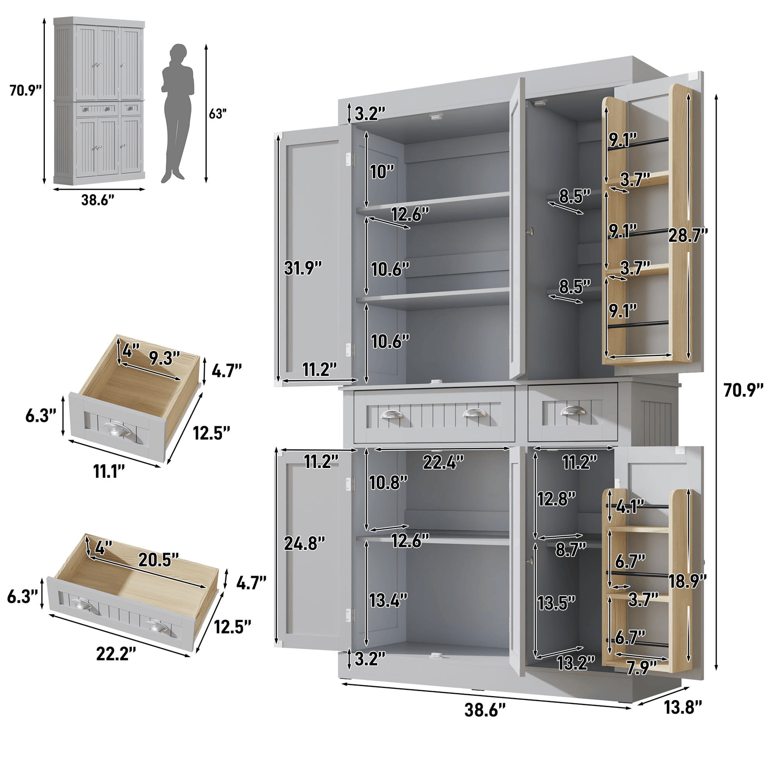 71" Tall Kitchen Pantry Storage Cabinet