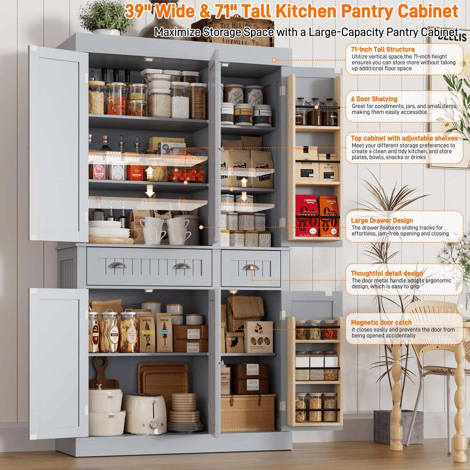 71" Tall Kitchen Pantry Storage Cabinet
