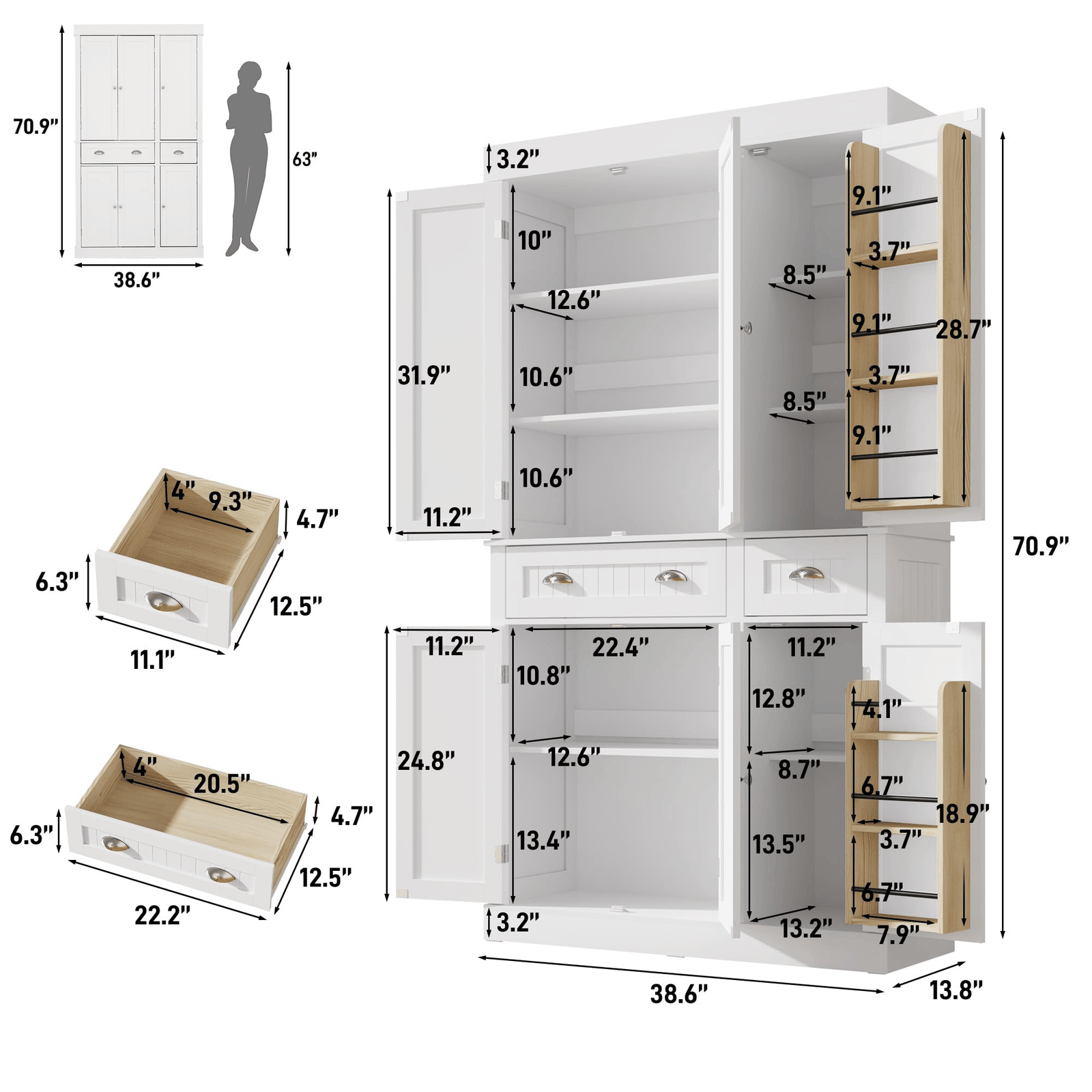 size-White storage unit with dimensions and a person for scale on a white background