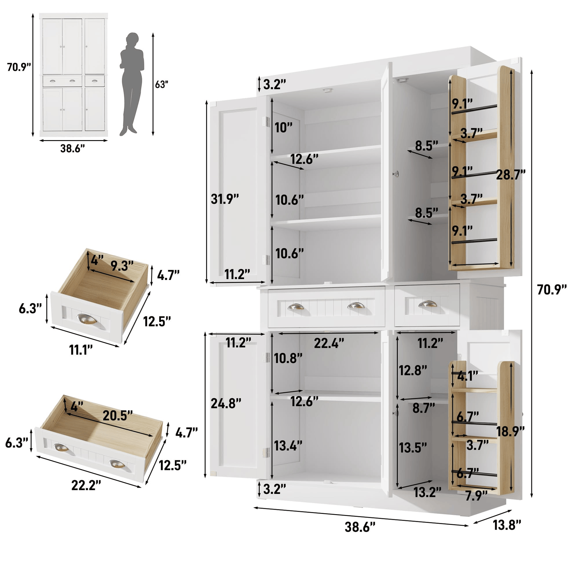 size-White storage unit with dimensions and a person for scale on a white background