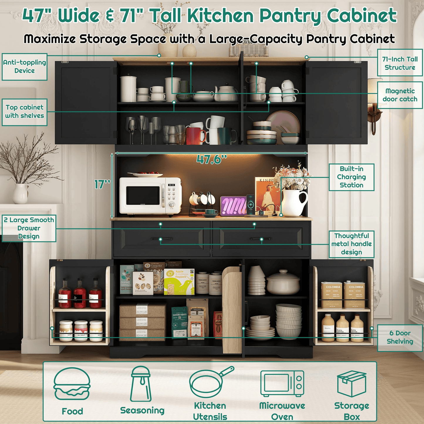 71" Tall Kitchen Pantry Storage Cabinet