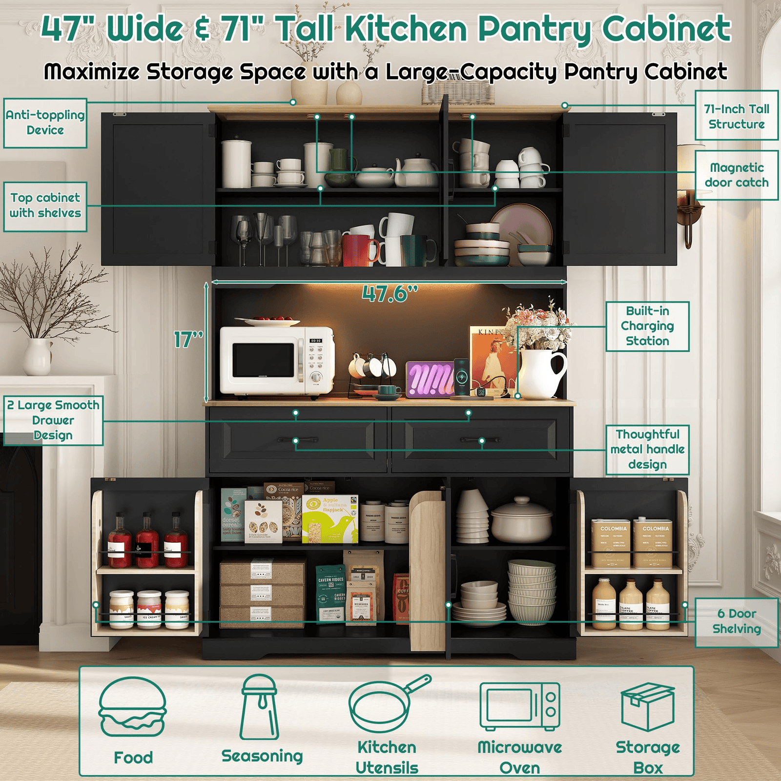 71" Tall Kitchen Pantry Storage Cabinet