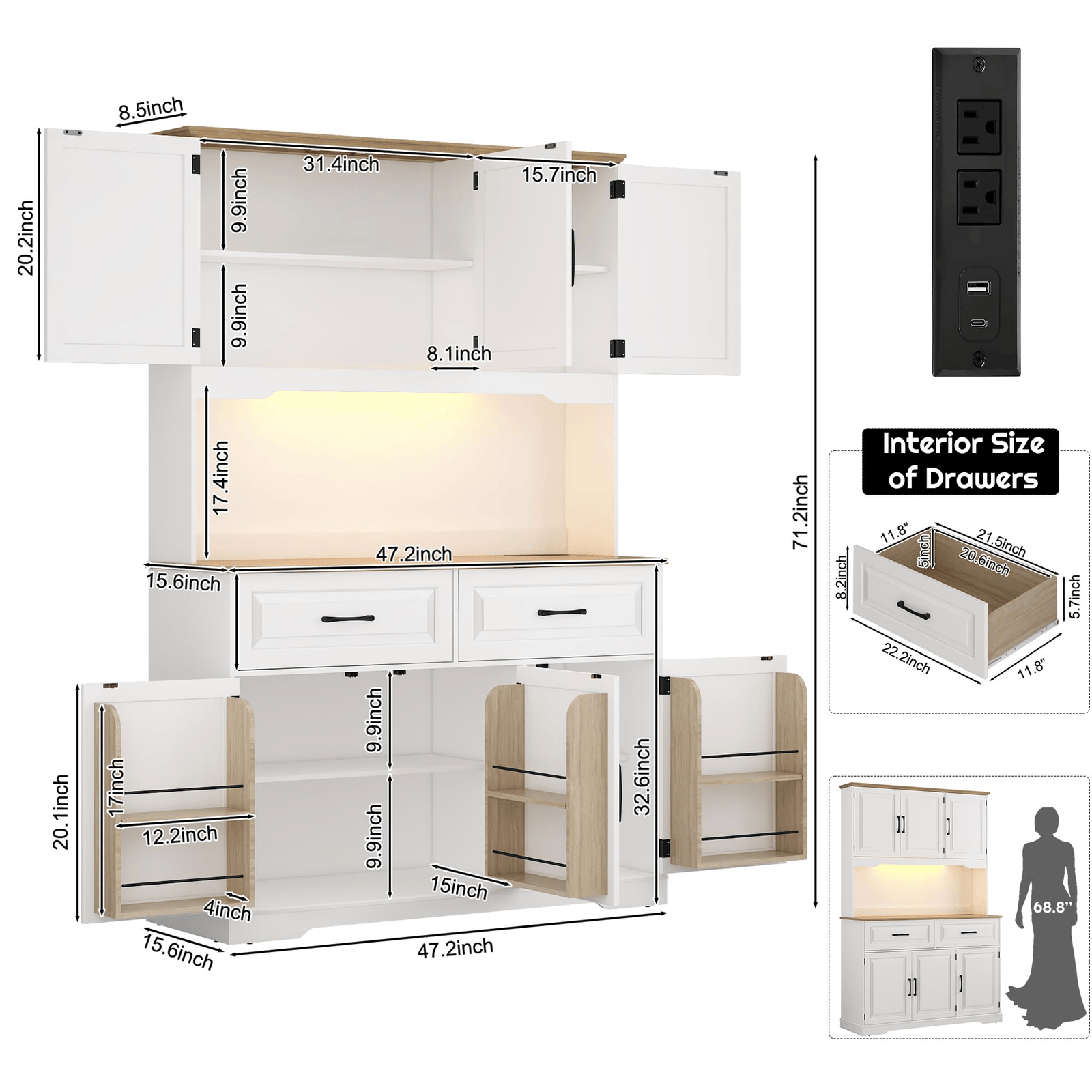 size-White kitchen cabinet with dimensions and interior drawer size details on a white background