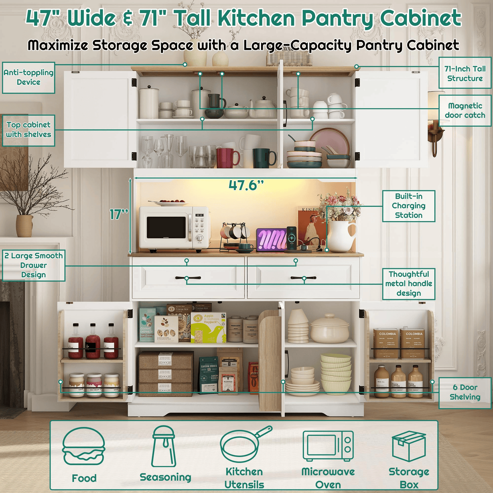 71" Tall Kitchen Pantry Storage Cabinet