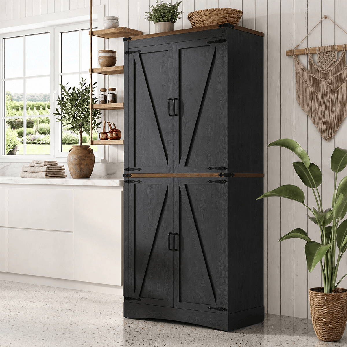 71in Farmhouse Kitchen Pantry Cabinet Tall Storage Cabinet with 4 Doors