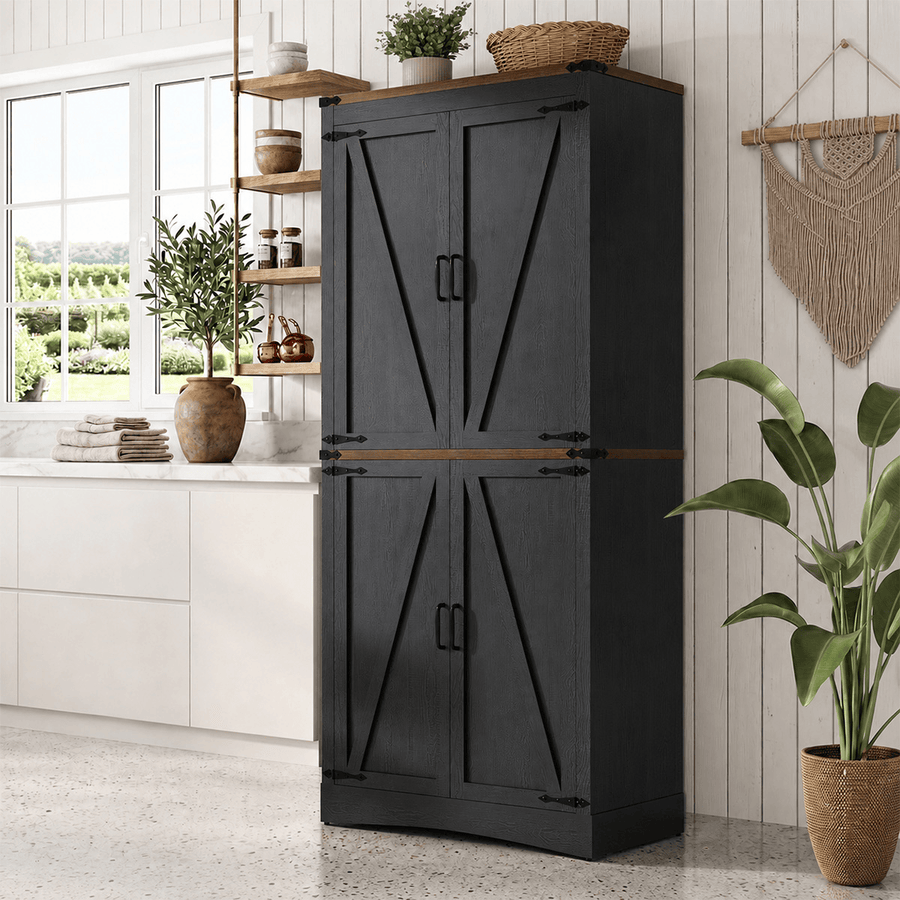 71in Farmhouse Kitchen Pantry Cabinet Tall Storage Cabinet with 4 Doors