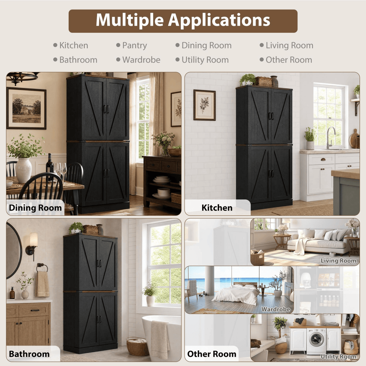 71in Farmhouse Kitchen Pantry Cabinet Storage Cabinet