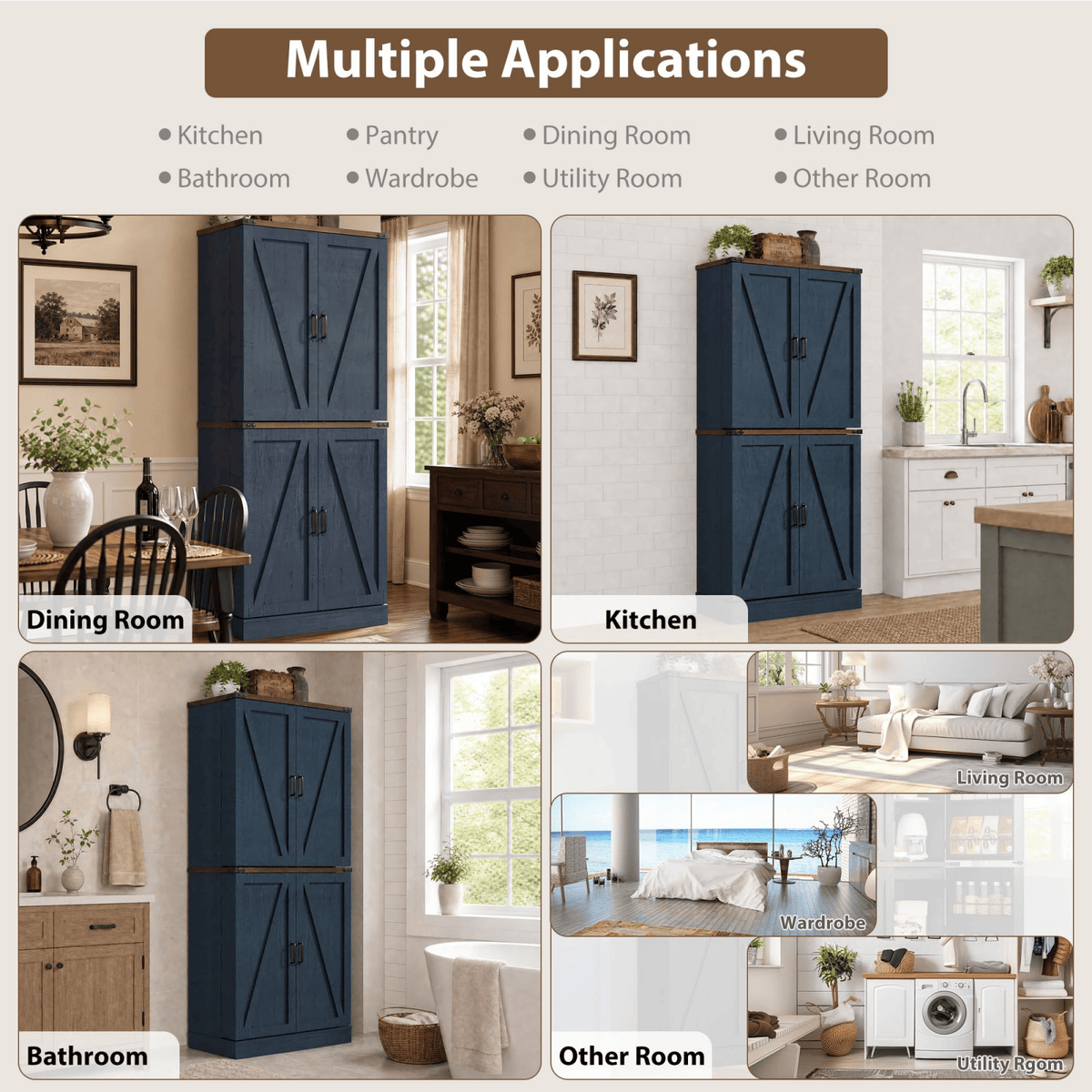 71in Farmhouse Kitchen Pantry Cabinet Storage Cabinet