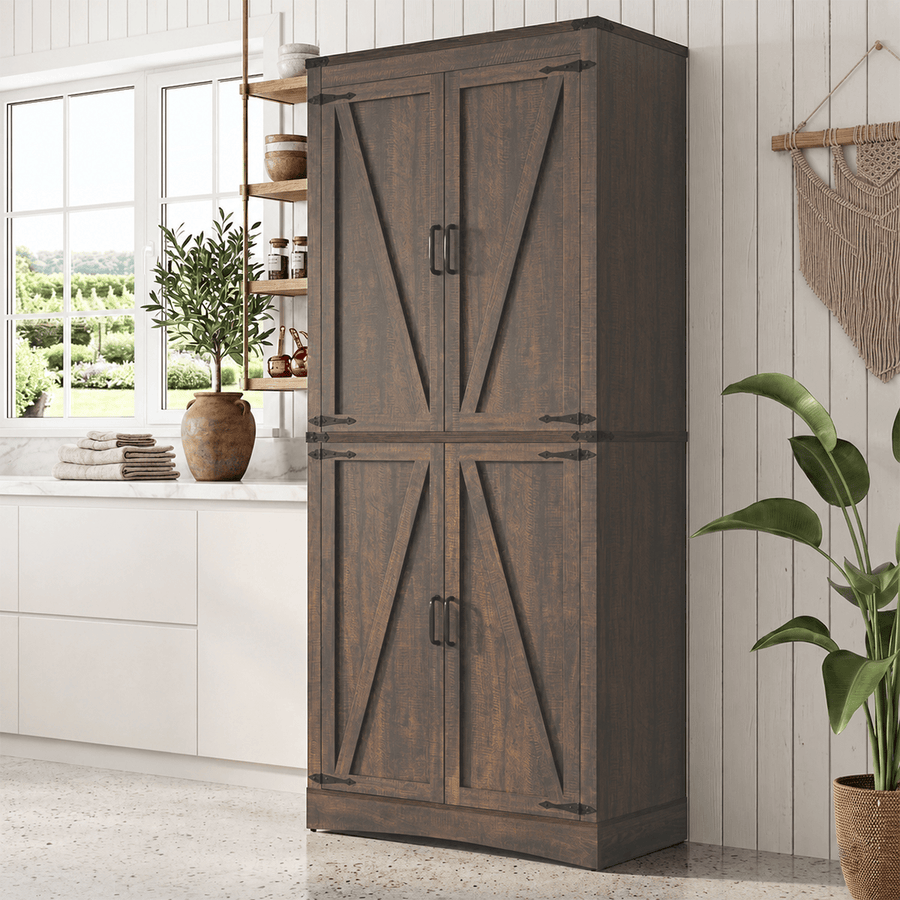 71in Farmhouse Kitchen Pantry Cabinet Tall Storage Cabinet with 4 Doors