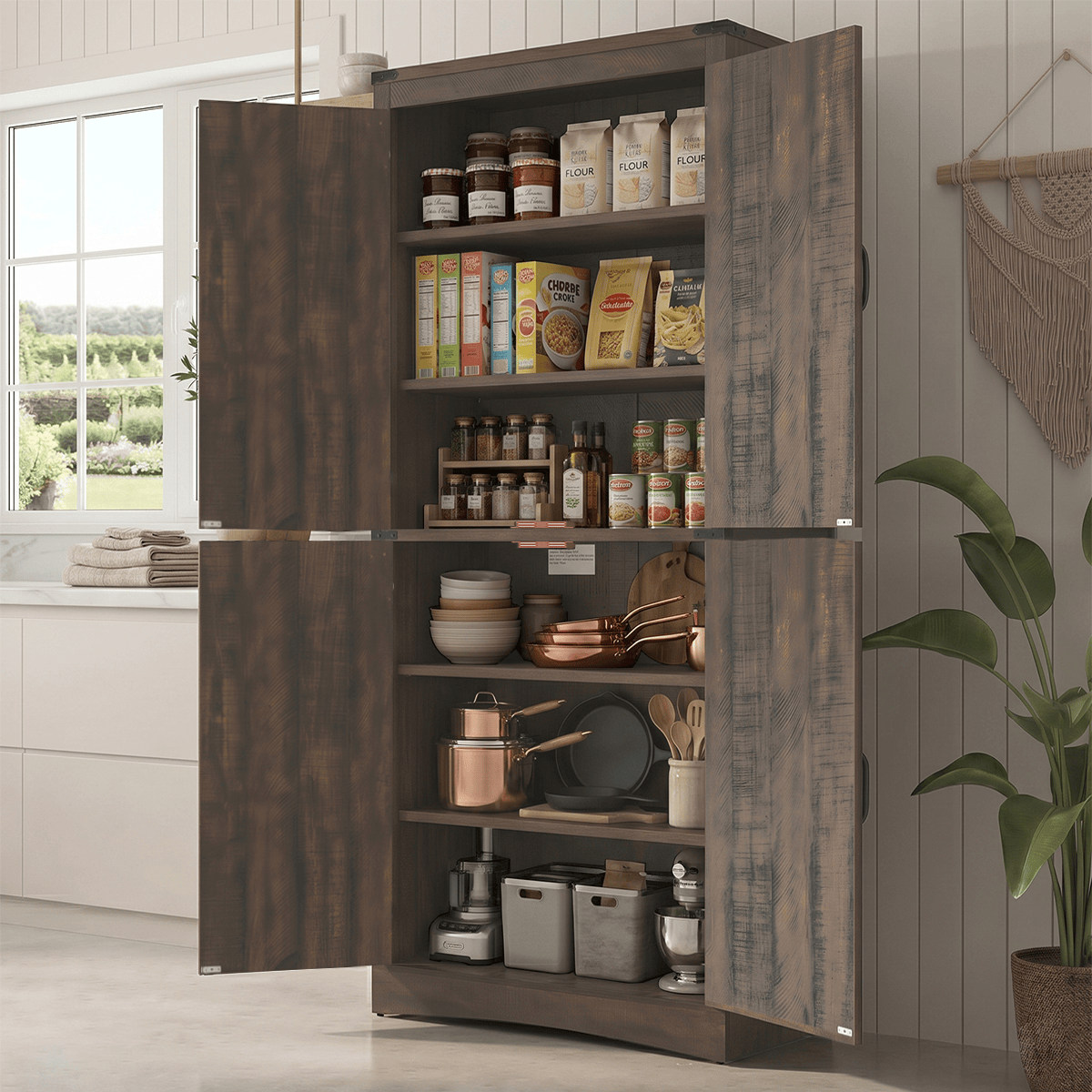 71in Farmhouse Kitchen Pantry Cabinet Tall Storage Cabinet with 4 Doors