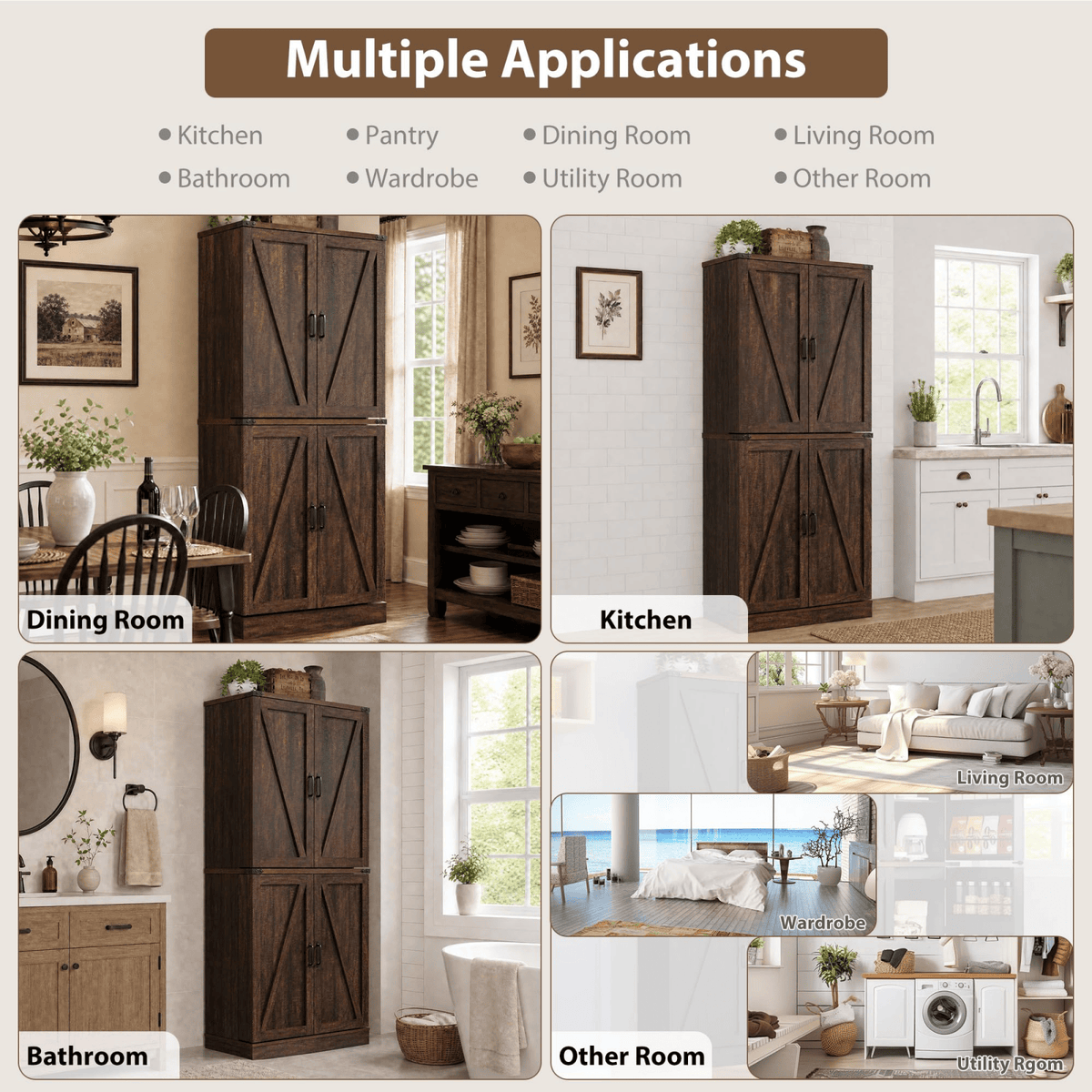 71in Farmhouse Kitchen Pantry Cabinet Storage Cabinet