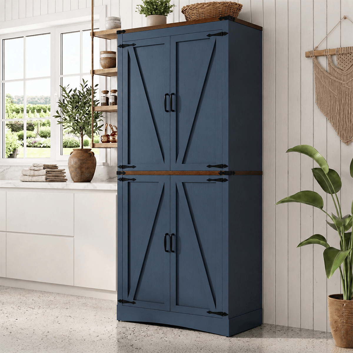71in Farmhouse Kitchen Pantry Cabinet Tall Storage Cabinet with 4 Doors