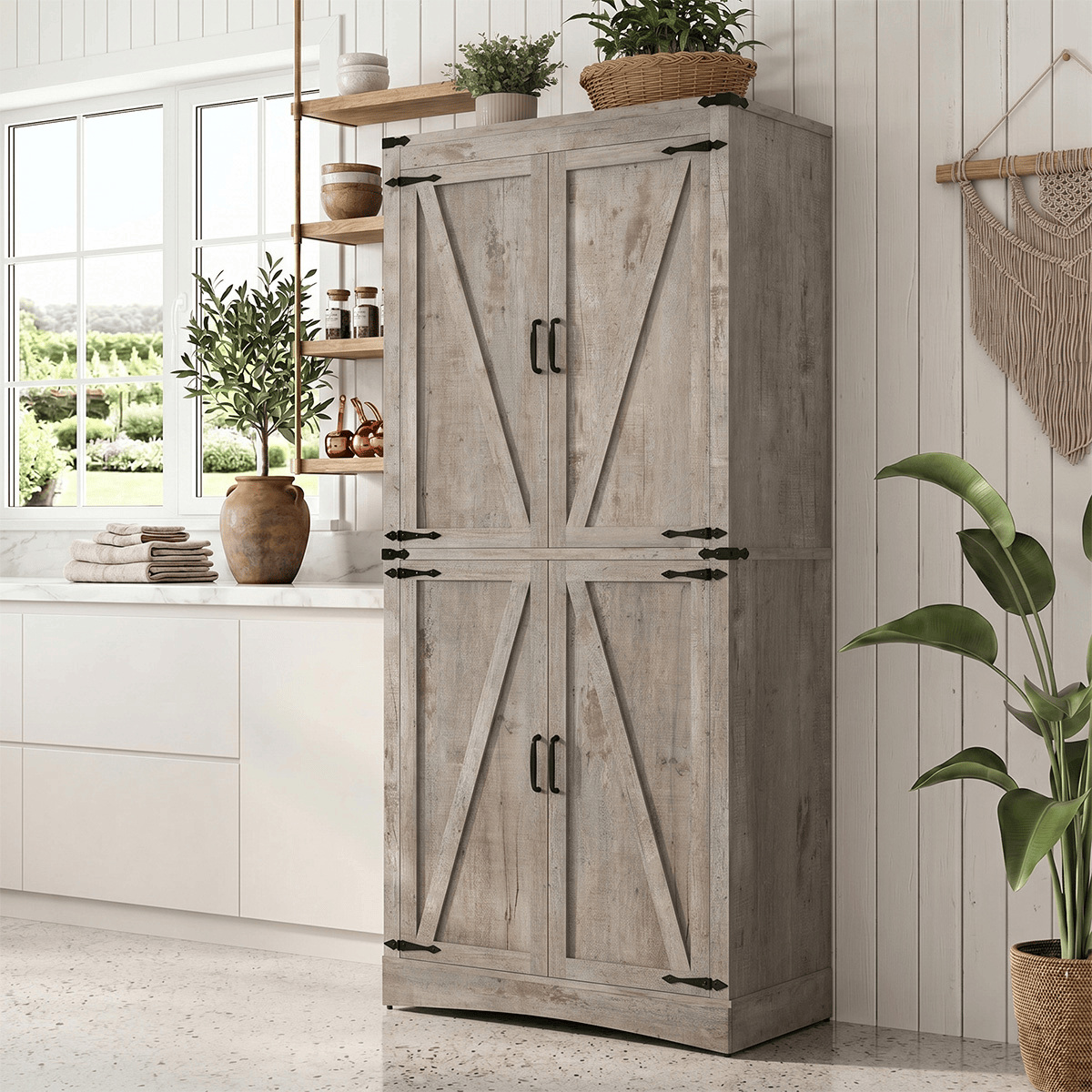 71in Farmhouse Kitchen Pantry Cabinet Tall Storage Cabinet with 4 Doors