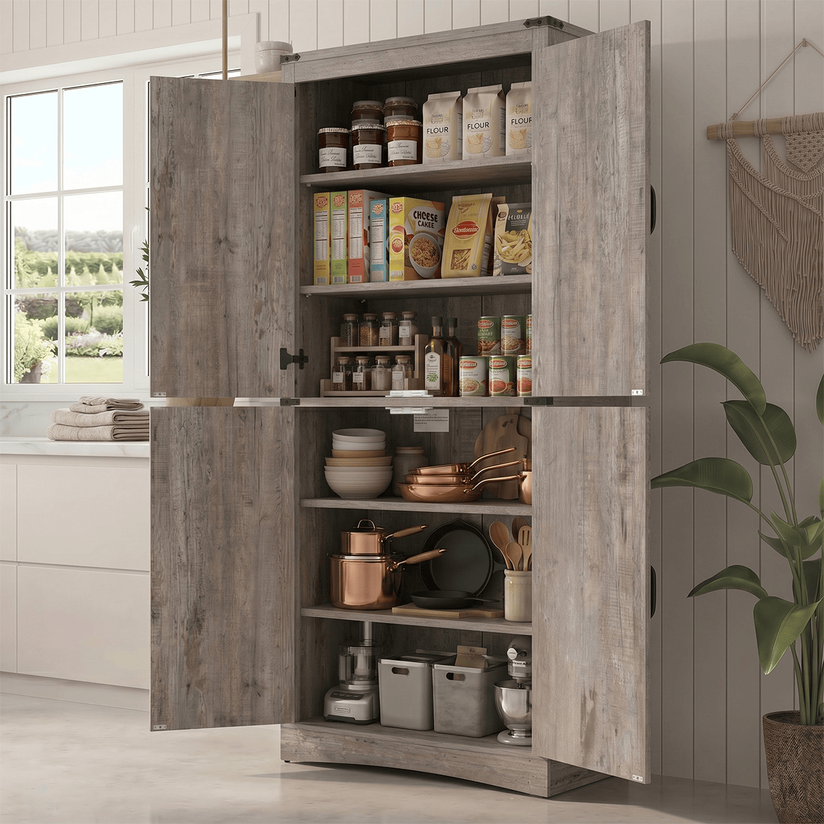 71in Farmhouse Kitchen Pantry Cabinet Tall Storage Cabinet with 4 Doors