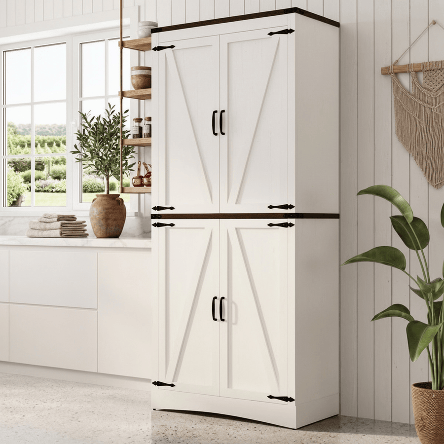 71in Farmhouse Kitchen Pantry Cabinet Tall Storage Cabinet with 4 Doors