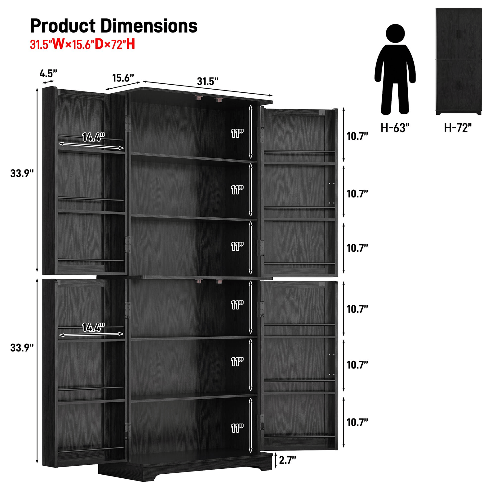 size-Black metal storage cabinet with dimensions labeled on a white background