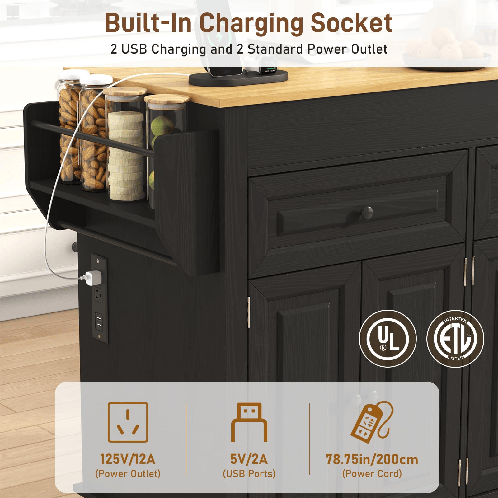 80" Extendable Kitchen Island with Power Outlet