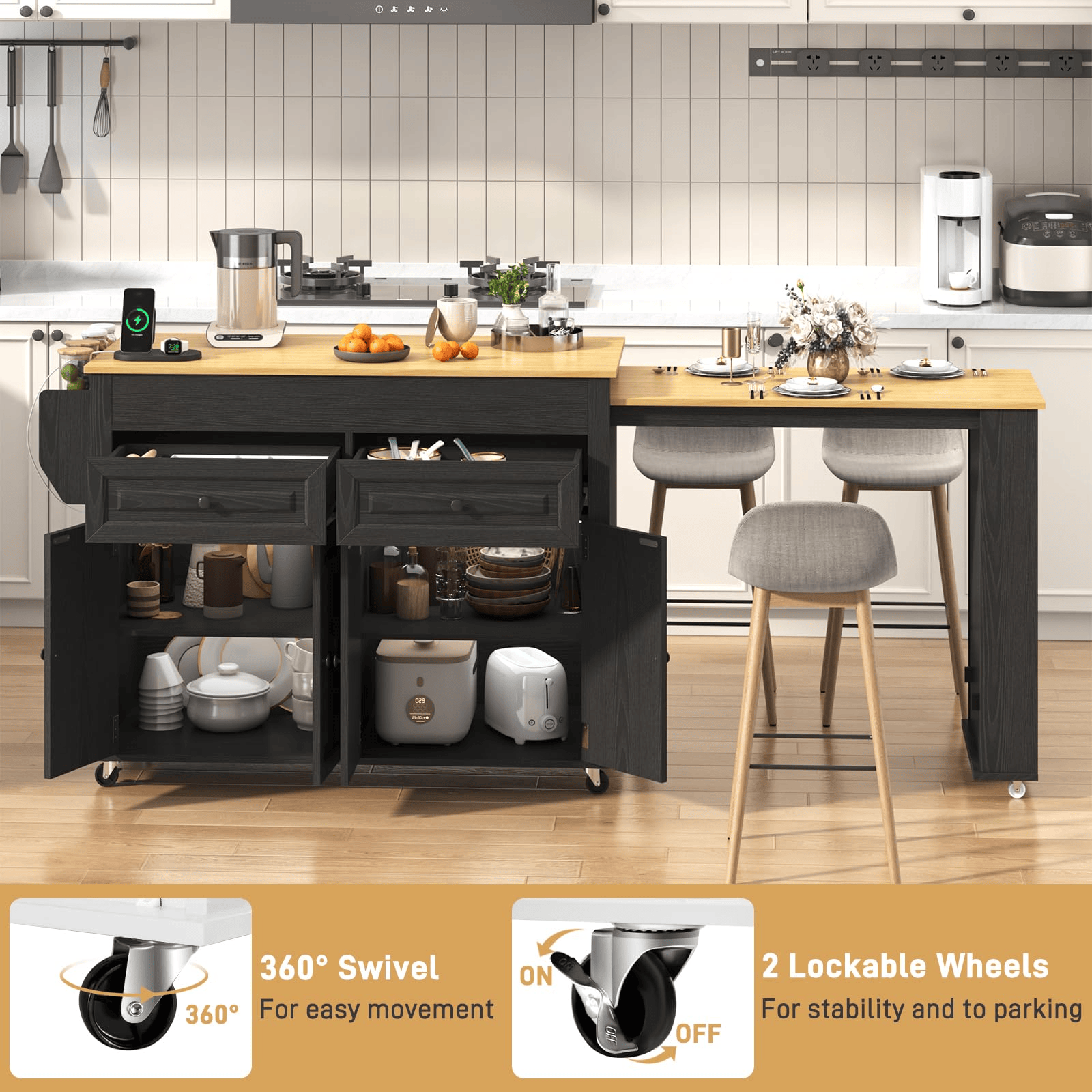 80" Extendable Kitchen Island with Power Outlet