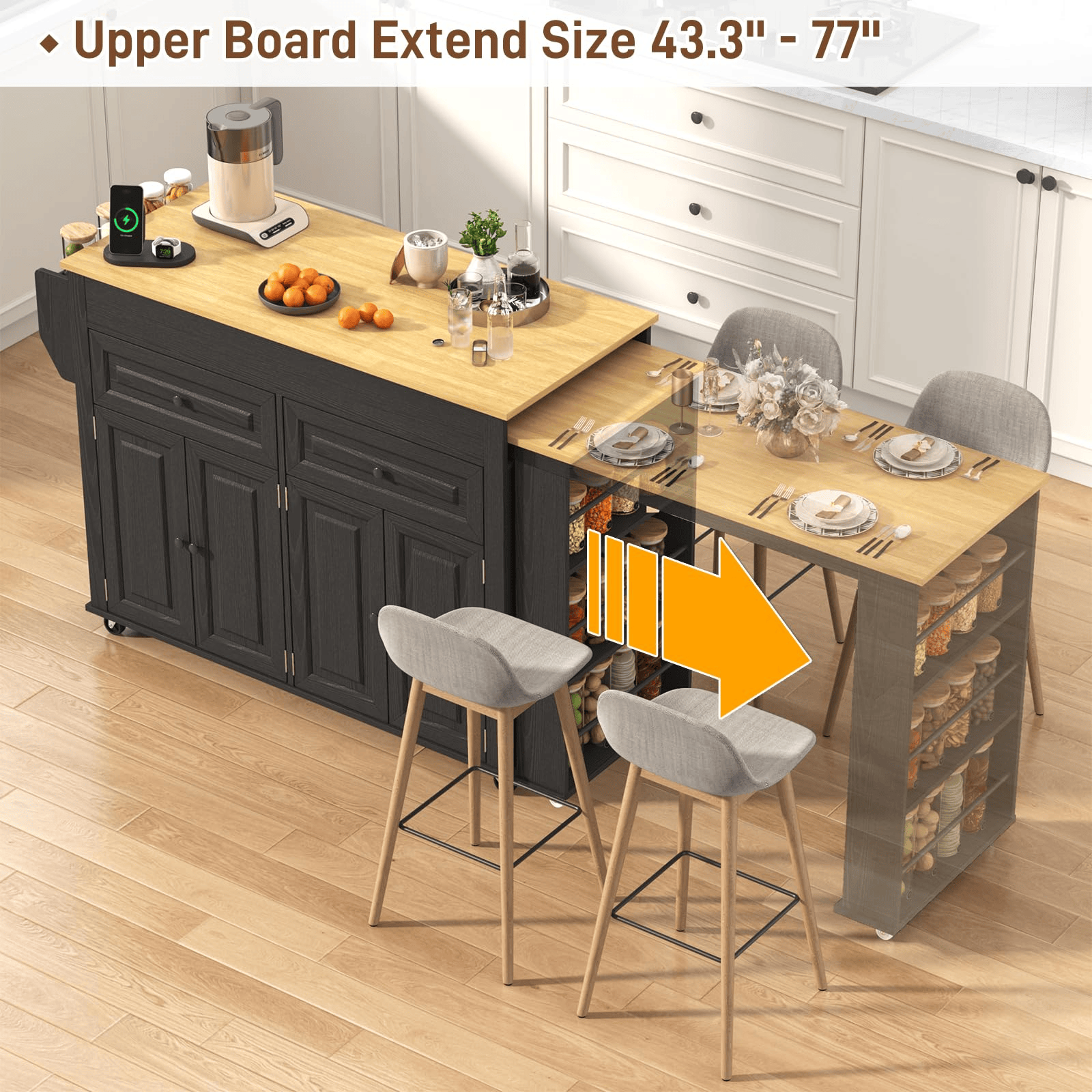 80" Extendable Kitchen Island with Power Outlet