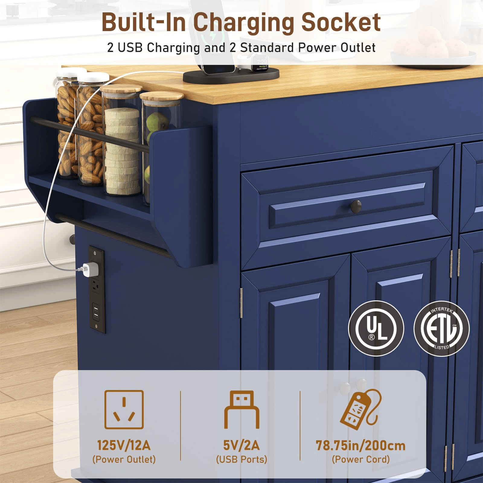80" Extendable Kitchen Island with Power Outlet