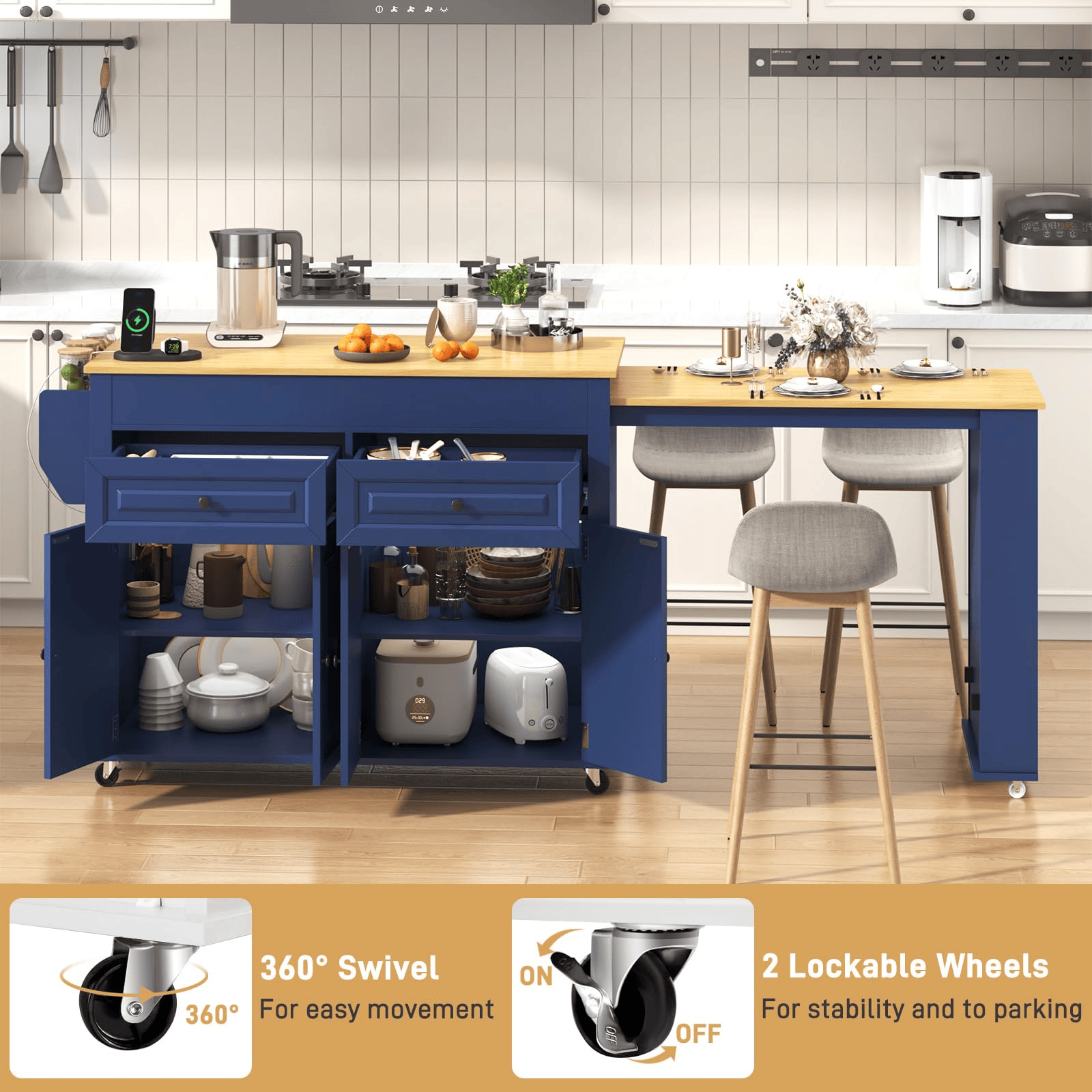 80" Extendable Kitchen Island with Power Outlet