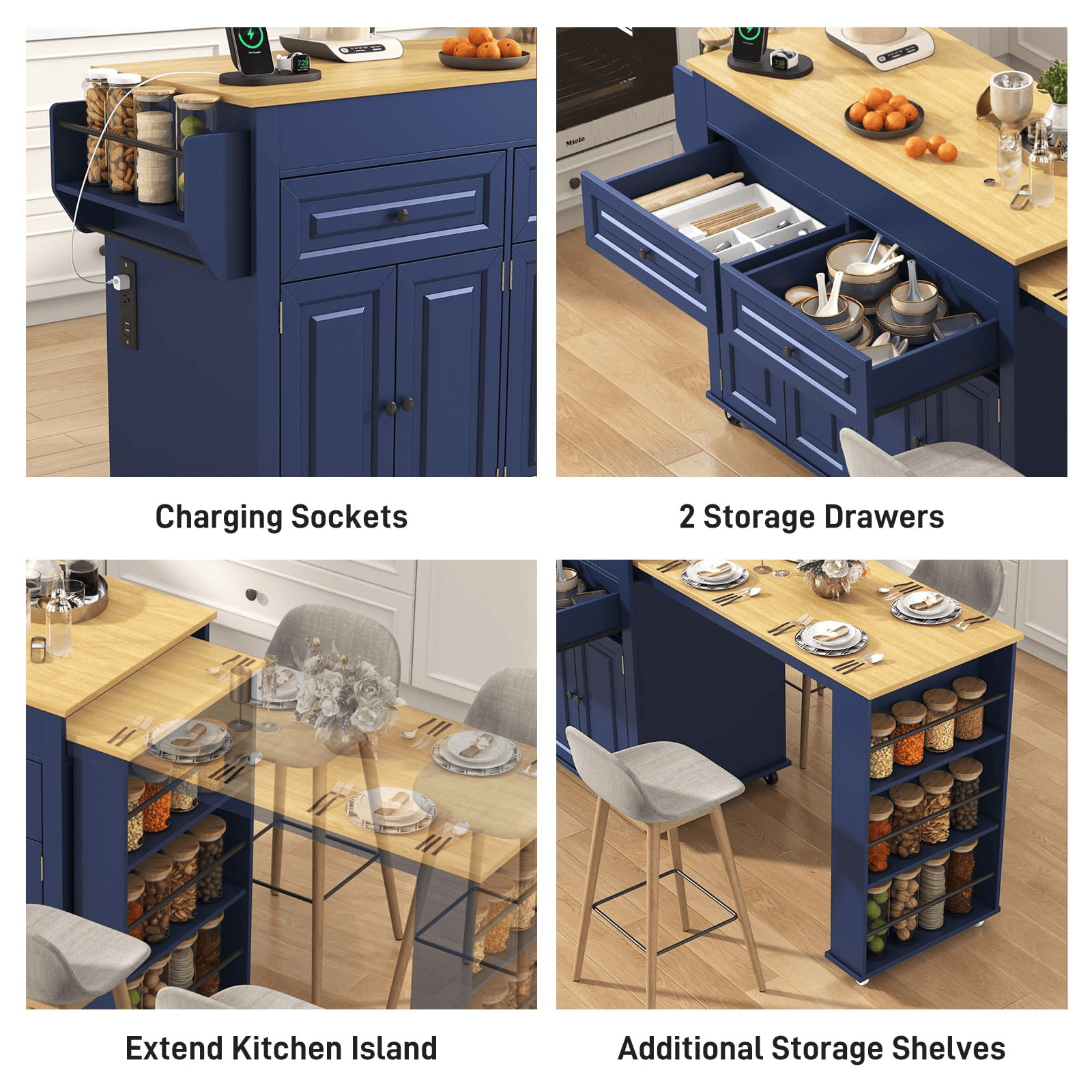 80" Extendable Kitchen Island with Power Outlet