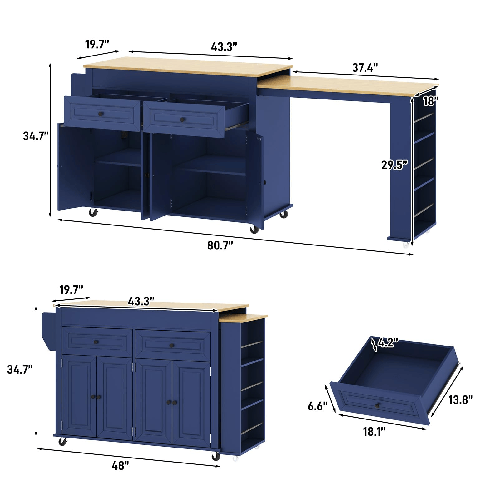 80" Extendable Kitchen Island with Power Outlet