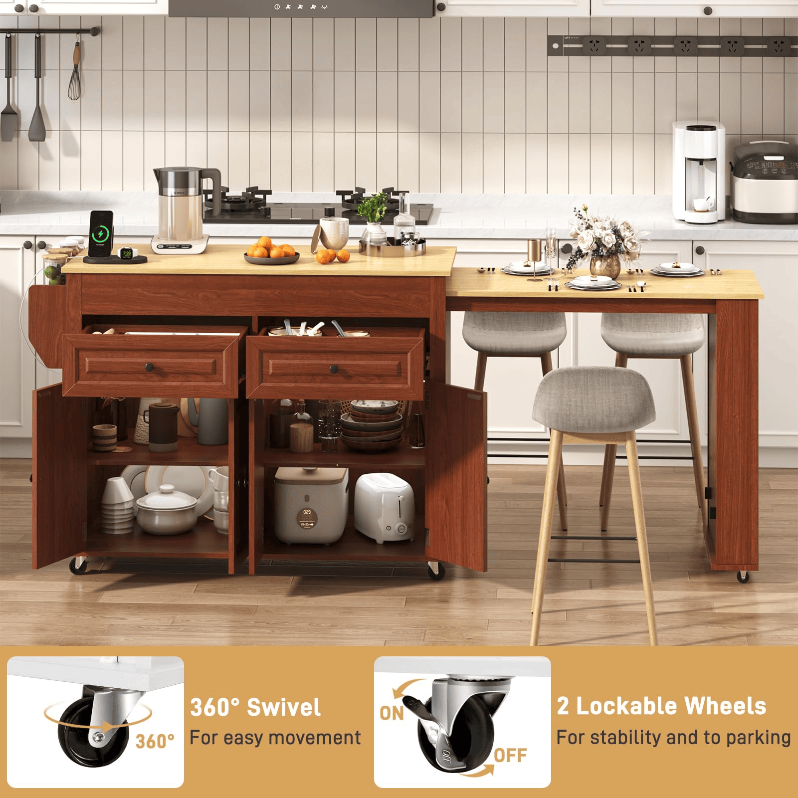 80" Extendable Kitchen Island with Power Outlet