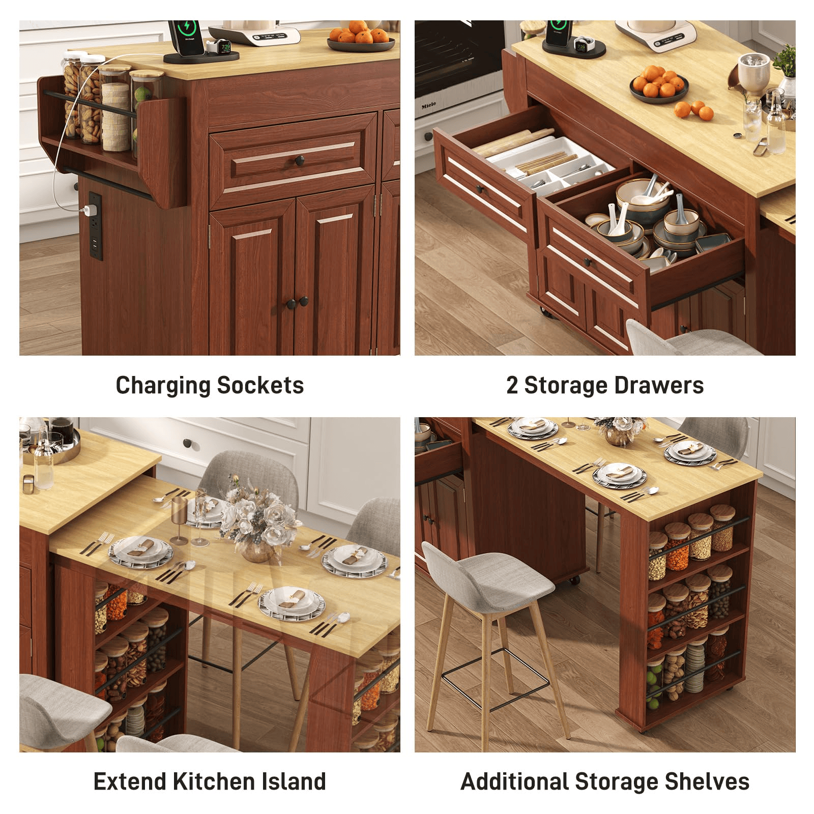 80" Extendable Kitchen Island with Power Outlet