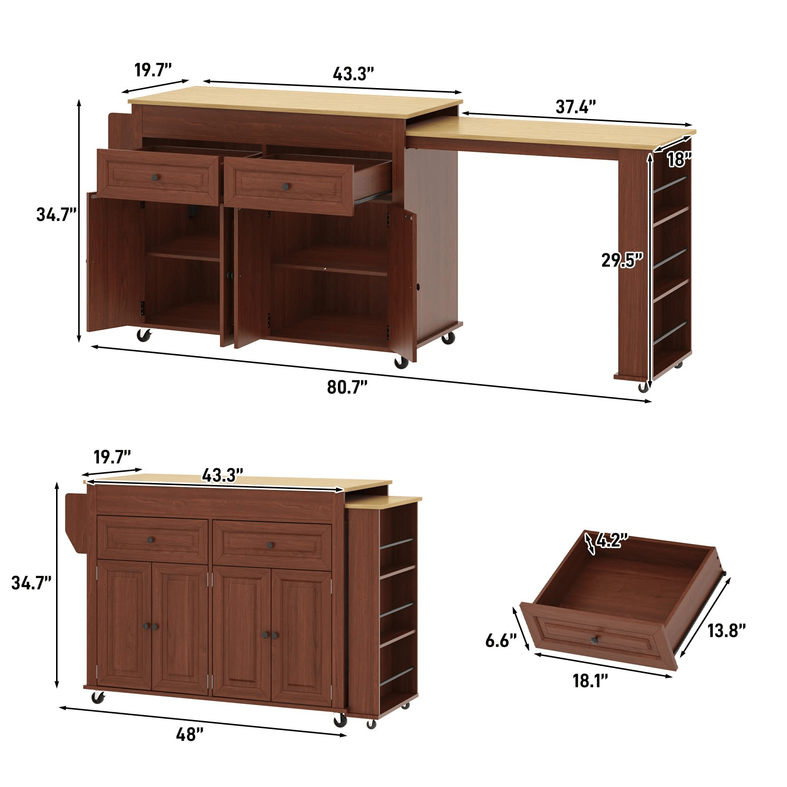 80" Extendable Kitchen Island with Power Outlet