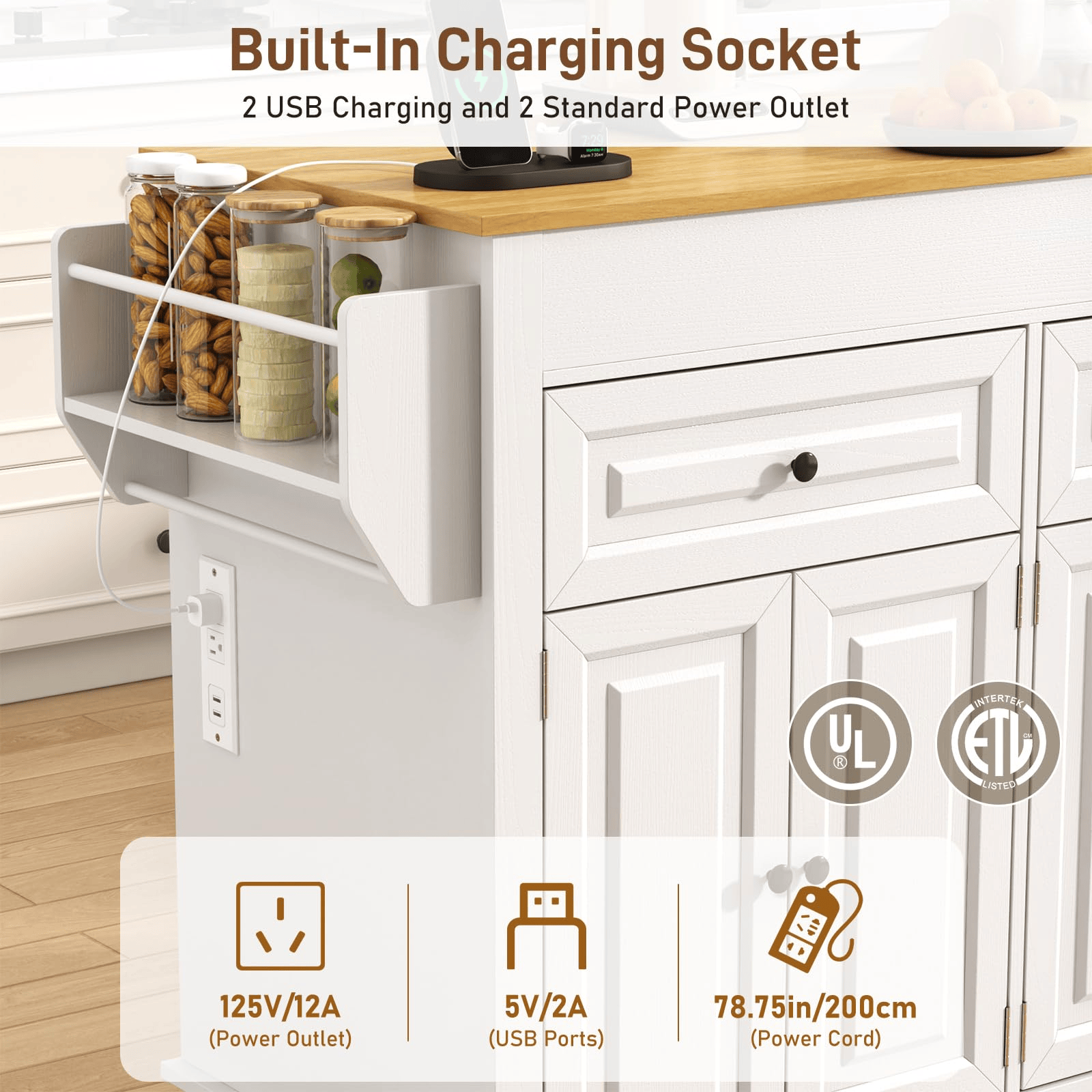 80" Extendable Kitchen Island with Power Outlet
