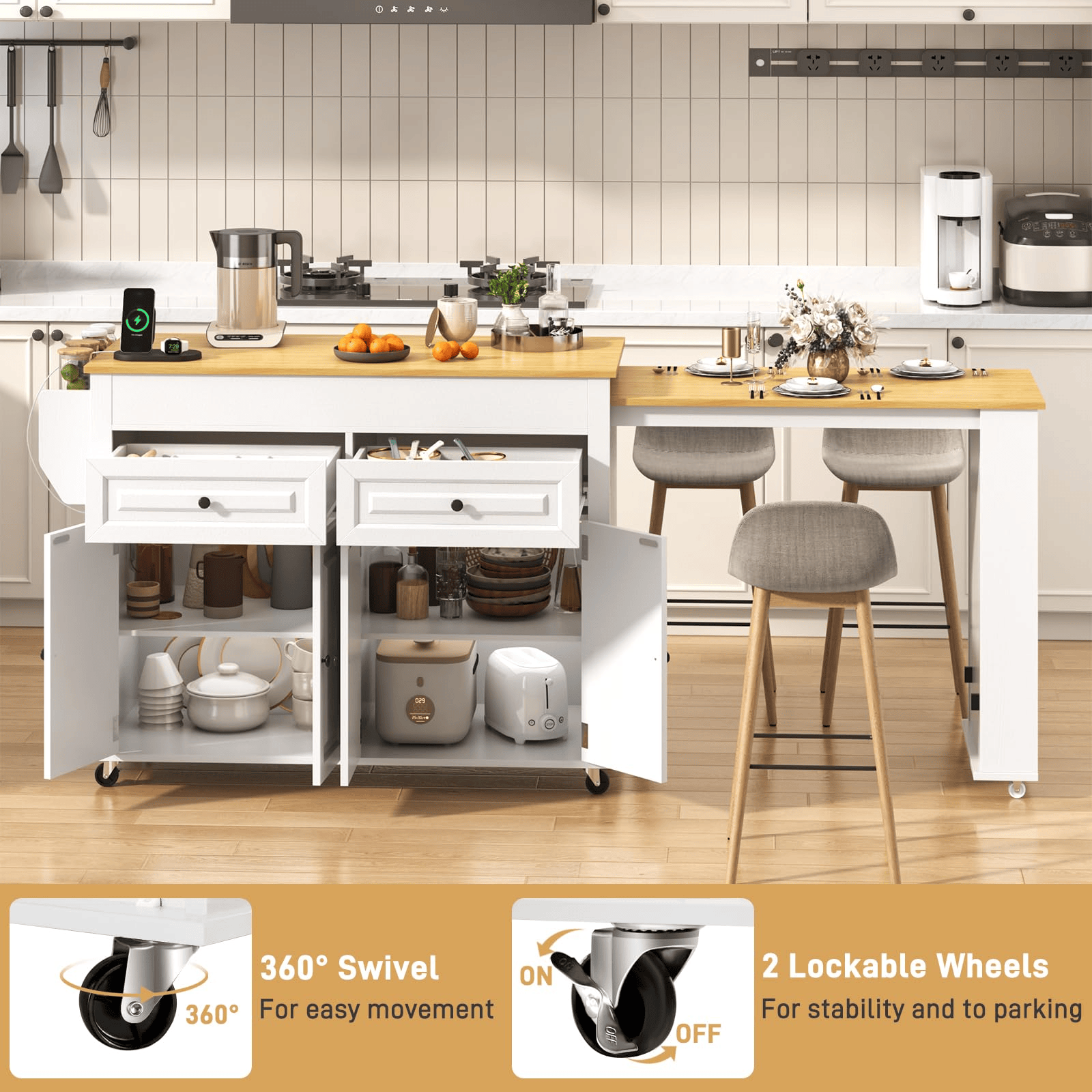 80" Extendable Kitchen Island with Power Outlet