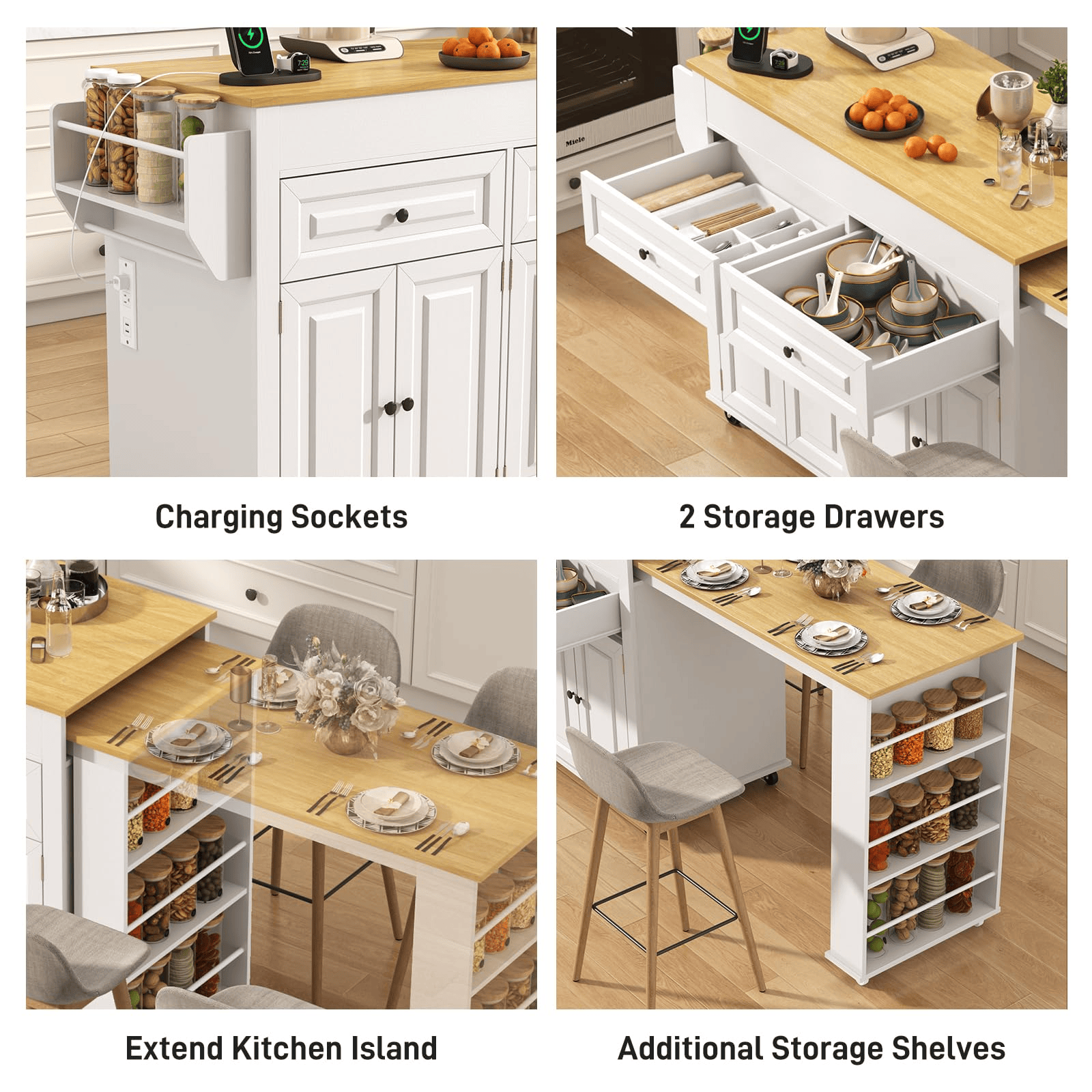80" Extendable Kitchen Island with Power Outlet