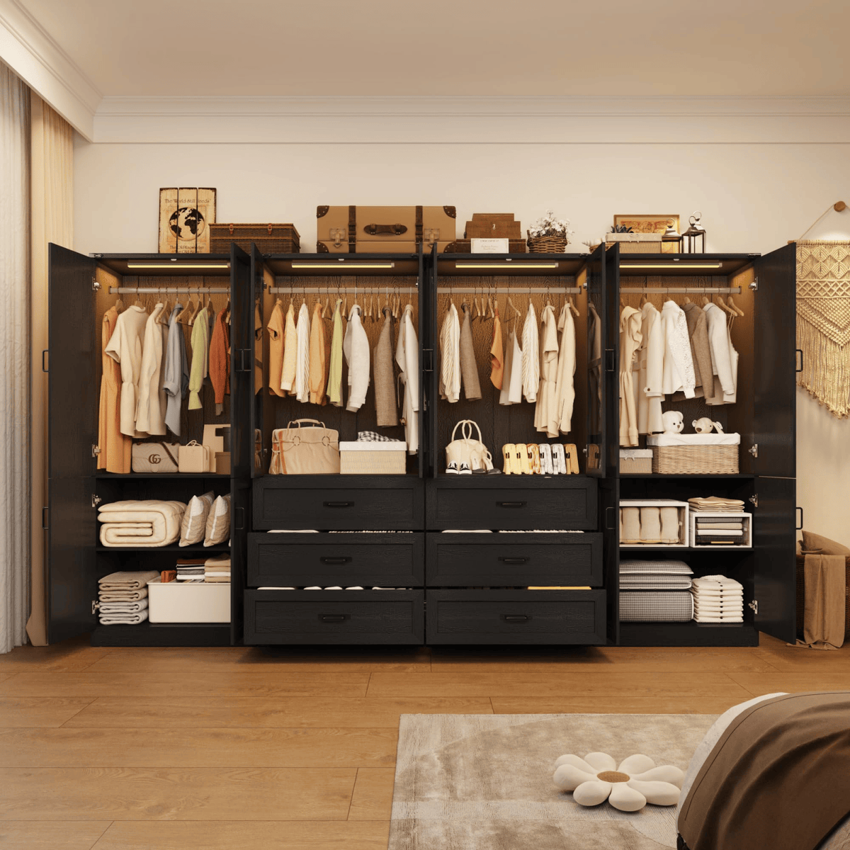 8 Doors Armoire Wardrobe Closet Freestanding with Sliding Door & Lights | Brown | Chartustriable