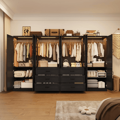 8 Doors Armoire Wardrobe Closet Freestanding with Sliding Door & Lights | Brown | Chartustriable