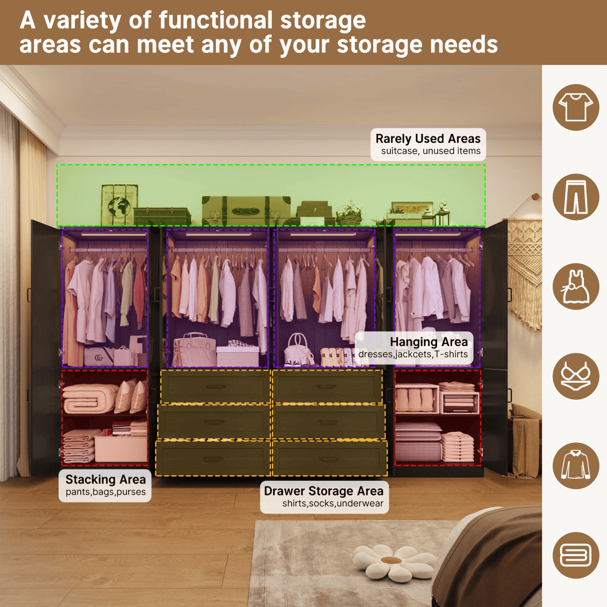 8 Doors Armoire Wardrobe Closet Freestanding with Sliding Door & Lights | Brown | Chartustriable